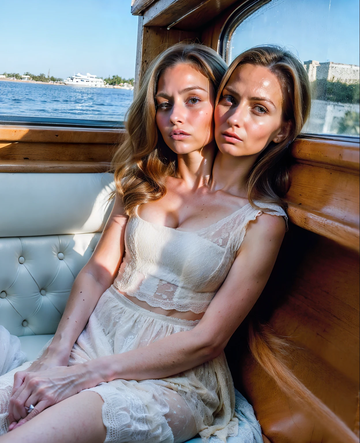 2heads, two headed woman, (mom and daughter conjoined:1.5), (one torso:1.5), (female:1.5), (blonde:1.5), (two heads attached to one body:1.4), conjoined twins, heads side by side, one body, young, uncomfortable
