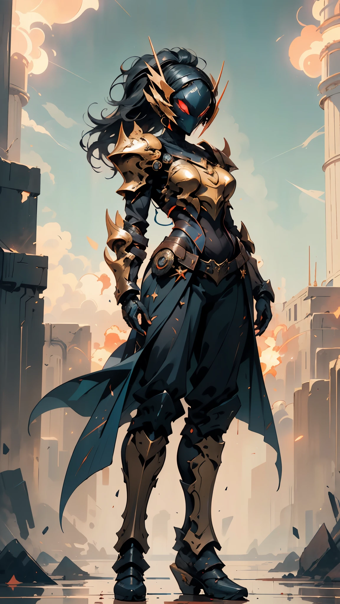 A woman adorned in fantasy-style full-body armor, a crown-concept fully enclosed helmet that unveils only her eyes, a composite layered chest plate, fully encompassing shoulder and hand guards, a lightweight waist armor, form-fitting shin guards, the overall design is heavy-duty yet flexible, ((the armor gleams with a golden glow, complemented by red and blue accents)), exhibiting a noble aura, she floats above a fantasy-surreal high-tech city, this character embodies a finely crafted fantasy-surreal style armored hero in anime style, exquisite and mature manga art style, (mixture of Queen bee and Spider concept Armor, plasma, blood), ((Element, energy, elegant, goddess, femminine:1.5)), metallic, high definition, best quality, highres, ultra-detailed, ultra-fine painting, extremely delicate, professional, anatomically correct, symmetrical face, extremely detailed eyes and face, high quality eyes, creativity, RAW photo, UHD, 32k, Natural light, cinematic lighting, masterpiece-anatomy-perfect, masterpiece:1.5