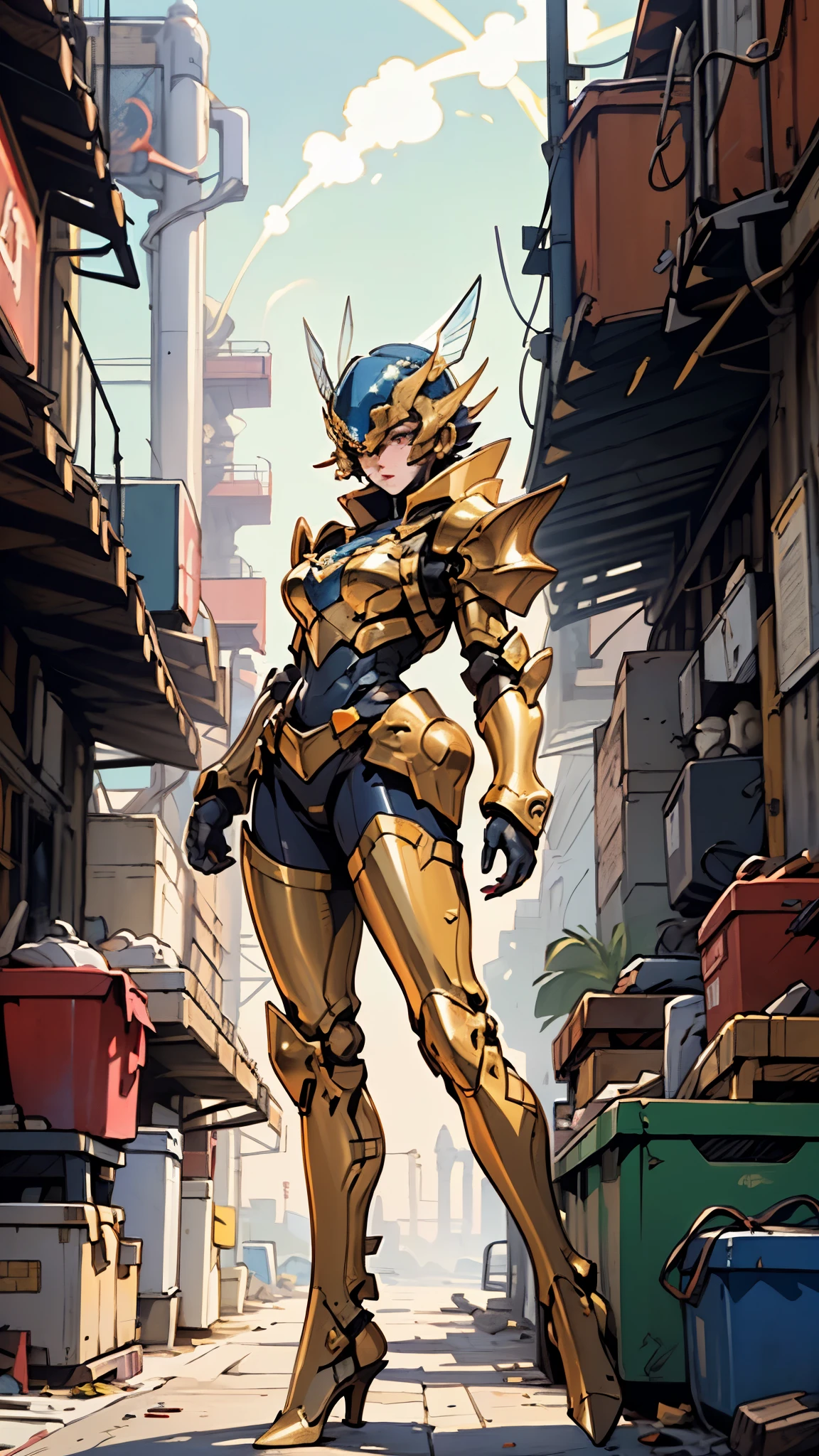 A woman adorned in fantasy-style full-body armor, a crown-concept fully enclosed helmet that unveils only her eyes, a composite layered chest plate, fully encompassing shoulder and hand guards, a lightweight waist armor, form-fitting shin guards, the overall design is heavy-duty yet flexible, ((the armor gleams with a golden glow, complemented by red and blue accents)), exhibiting a noble aura, she floats above a fantasy-surreal high-tech city, this character embodies a finely crafted fantasy-surreal style armored hero in anime style, exquisite and mature manga art style, (mixture of Queen bee and Spider concept Armor, plasma, blood), ((Element, energy, elegant, goddess, femminine:1.5)), metallic, high definition, best quality, highres, ultra-detailed, ultra-fine painting, extremely delicate, professional, anatomically correct, symmetrical face, extremely detailed eyes and face, high quality eyes, creativity, RAW photo, UHD, 32k, Natural light, cinematic lighting, masterpiece-anatomy-perfect, masterpiece:1.5