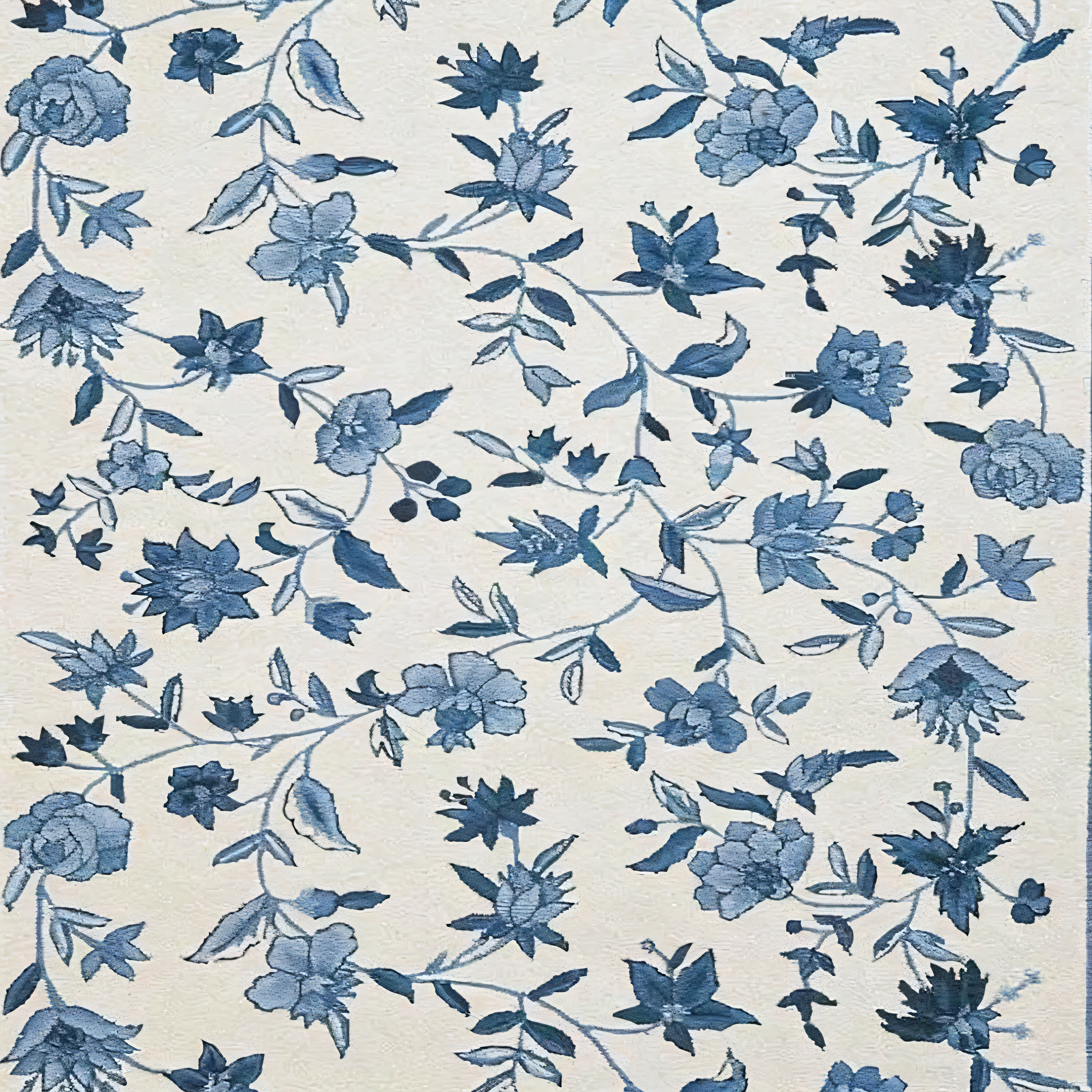 a close up of a rug with Blue flowers on it, Chinese style pattern, beatrice blue, Indigo blooming garden, blueprint, floral pattern, blue and white, inspired by William Morris, Blue flowers, textile print, Flower wallpaper, Paisley, mediumslateBlue flowers, Masamitsu Ota, Inspired by Katsushika Oi