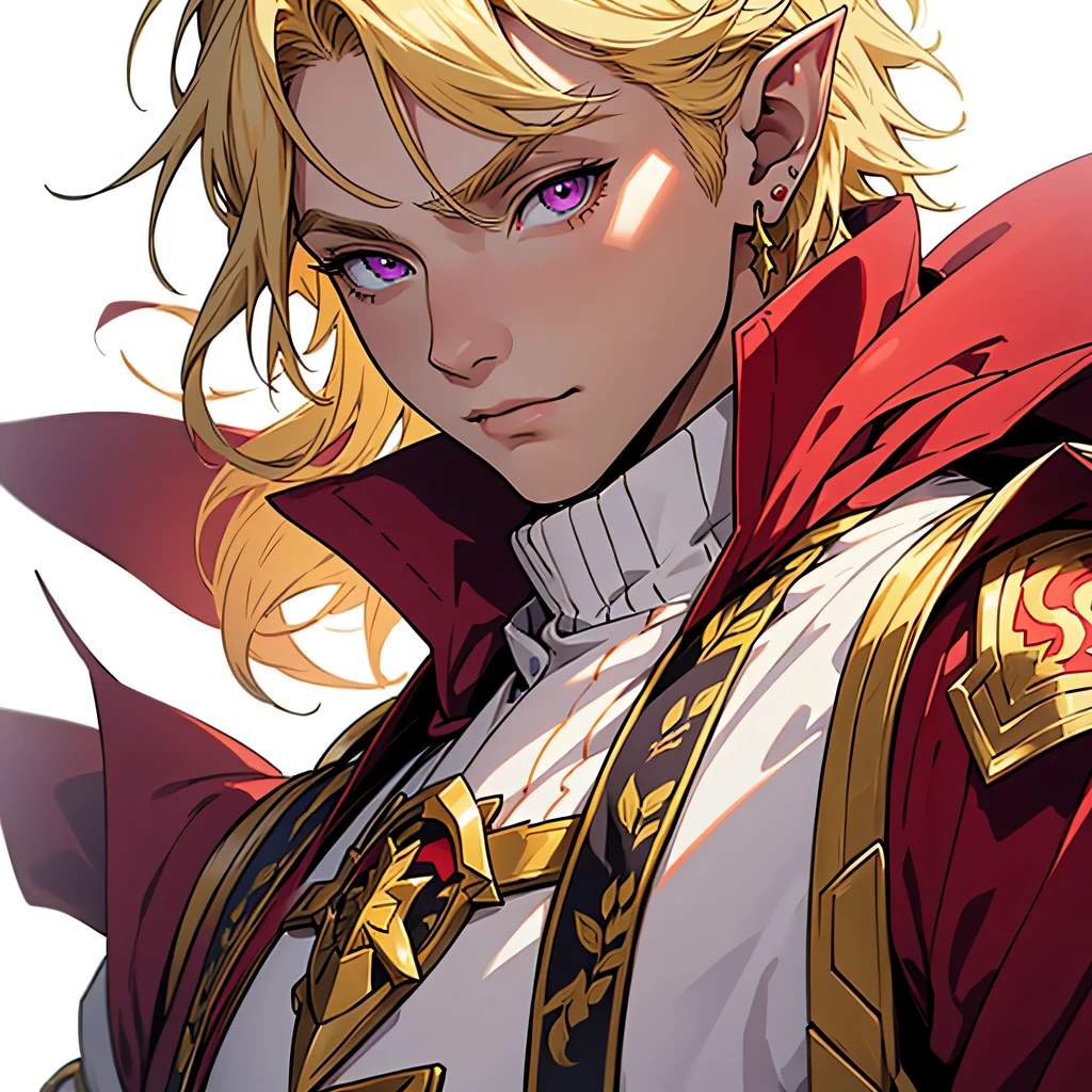medieval anime art, masterpiece, best quality, by professional artist, male, solo, upper body portrait, detailed composition, detailed eyes, (((white background))), short blond hair, magenta eyes, elf, earrings, wearing red and yellow armor, fire magic, beautiful, mature