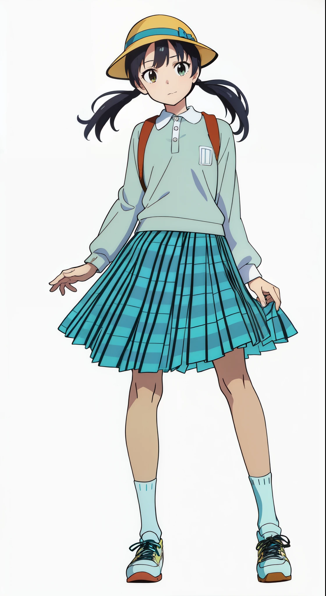 (white background:1.0), (best quality:1.0), (masterpiece:1.0), (super fine illustration:1.0), (beautiful artwork:1.0), (anime screencap:1.0), (official art:1.0), (full body:1.0), (solo:1.0), (ESGA:1.0), (a 12yo cute girl:1.25), (yellow hat:1.25), (red backpack:1.0), (long skirt:1.0), (green tartan skirt:1.0), (pleated skirt:1.0), (aqua blue polo shirt:1.0), (long sleeve polo shirt:1.0), (sneakers:1.0), (white socks:1.25), (ideal ratio body proportions:1.25), (lanky:1.25), (tall:1.25), (slender:1.25), (small breasts:1.25), (smaller face:1.25), (tareme:1.0), (detailed beautiful eyes:1.0), (detailed beautiful face:1.0), (glowing black eyes:1.0), (short hair:1.0), (twin braids:1.0), (black hair:1.0), (looking at viewer:1.25)