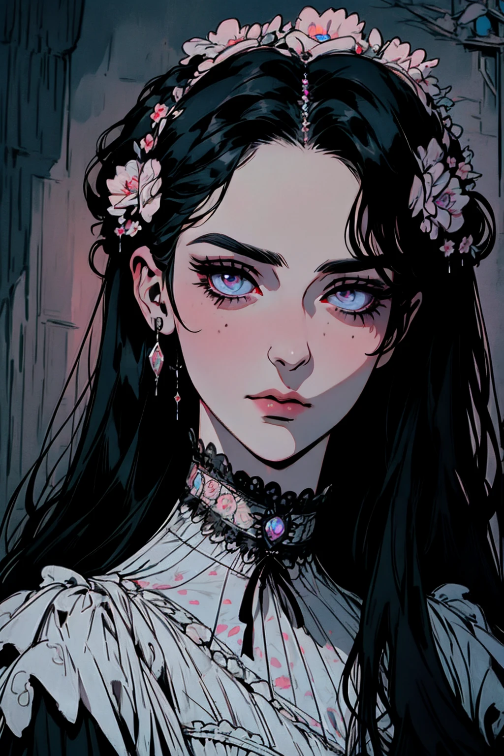 hyper-realistic of a mysterious woman with flowing black hair, piercing opal eyes, and a delicate floral crown, victorian dress, upper body