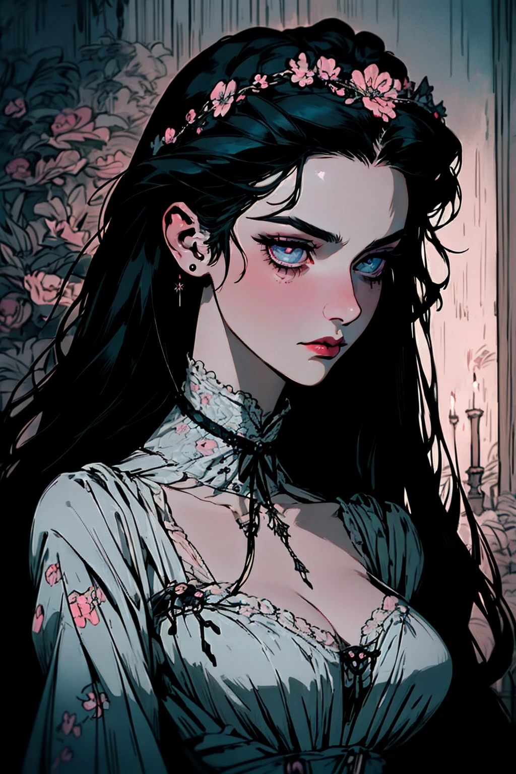 hyper-realistic of a mysterious woman with flowing black hair, piercing opal eyes, and a delicate floral crown, victorian dress, upper body