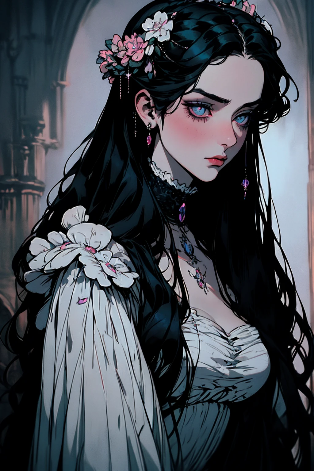 hyper-realistic  of a mysterious woman with flowing black hair, piercing opal eyes, and a delicate floral crown, , upper body