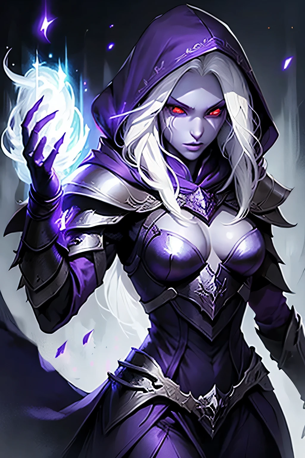 Corvo Feminino. cabelo branco. olhos vermelhos. feiticeiros. roxo. Armadura leve. capuz