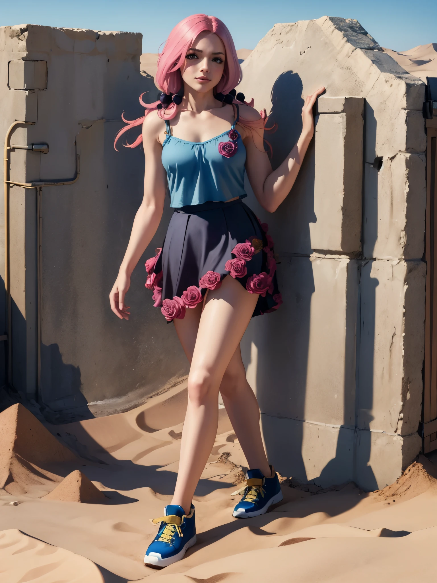 (masterpiece, best quality:1.2), solo, 1girl, giantess, hirose yasuho, slight smile, looking at viewer, hair bobbles, blue camisole, skirt, flower, walking in desert