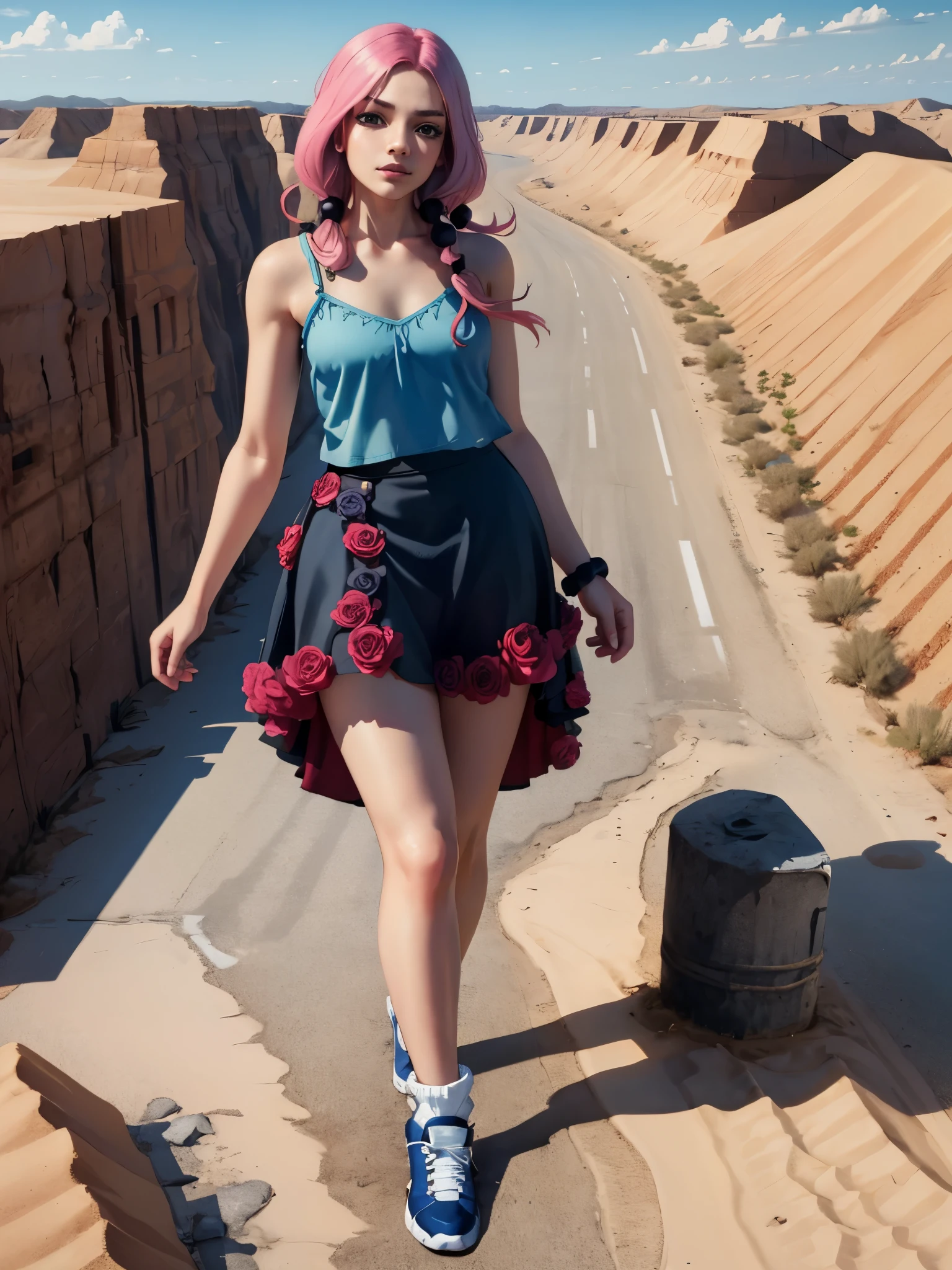 (masterpiece, best quality:1.2), solo, 1girl, giantess, hirose yasuho, slight smile, looking at viewer, hair bobbles, blue camisole, skirt, flower, walking in desert