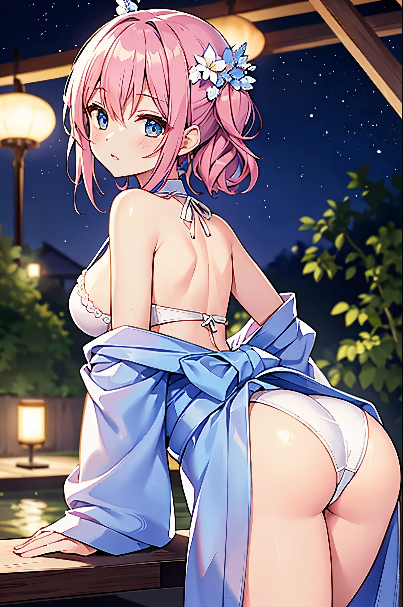 （masterpiece）、(highest quality)、((Super detailed))、(super delicate)、pastel colored hair、Beautiful side breasts、beautiful back、Beautiful butt、yukata、Hot spring at night、fantastic starry sky