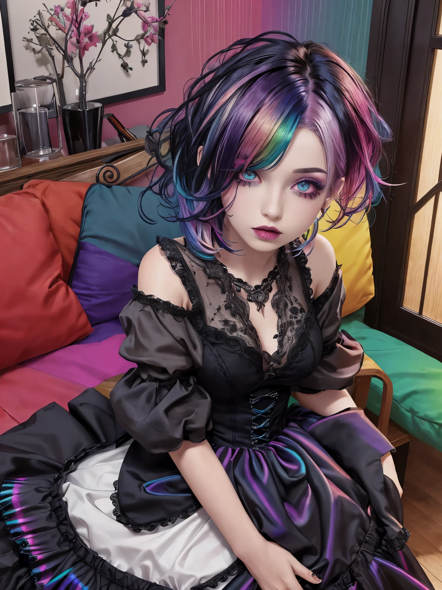 1girl, solo, goth ,short messy hair with long sides, short hair, eyeshadow, mascara, color: spectrum, vivid colors, rainbow hair , bright rainbow hair, perfect eyes, detailed eyes, medium breasts, indoors  , highly detailed portrait, cute, full body shot