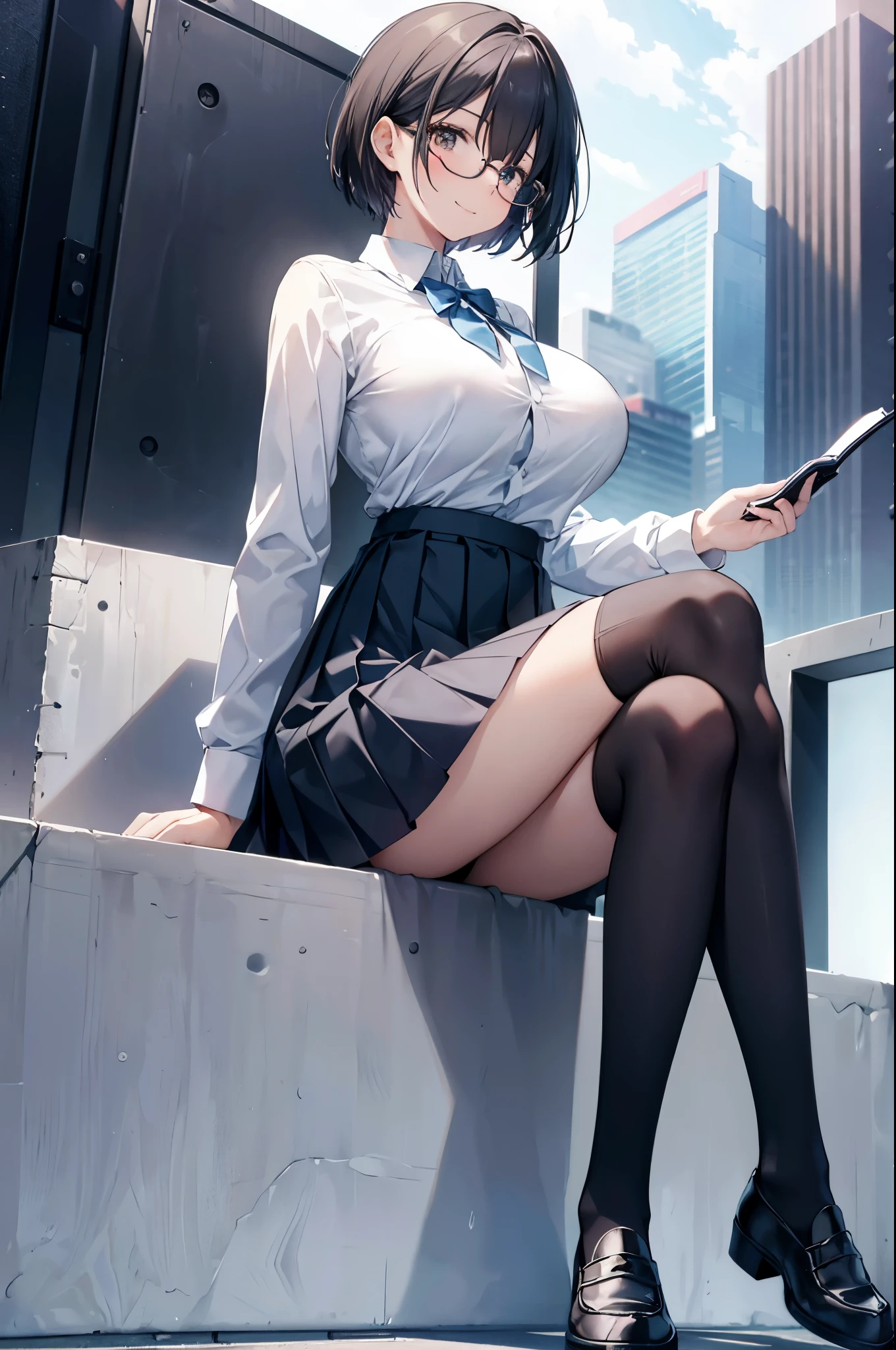 1 girl, glasses, (full body:1.2), sitting, (angle from below:1.1), (angle from the side:1.1), smile, (slim body:1.2), (huge breasts:1.3), (slender and long legs:1.1), black hair, short hair, white long sleeve shirt, pleated skirt, (dark blue high socks:1.1), brown loafers,