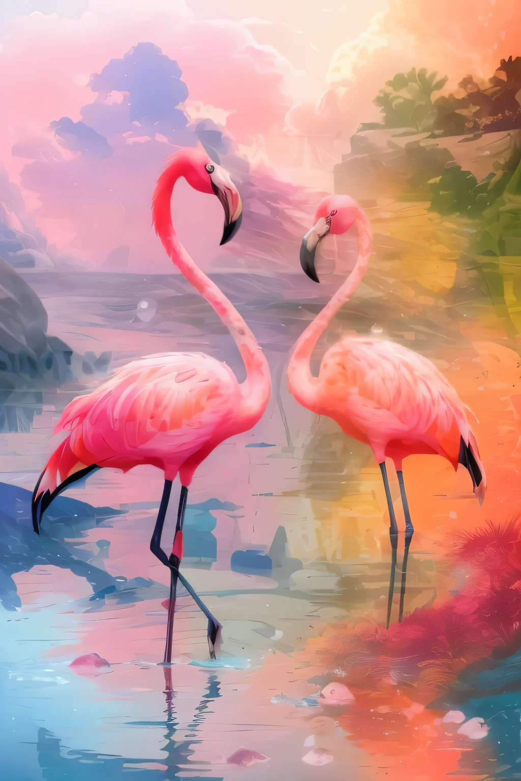 flamingos standing in the water near a rocky coast with blue sky, flamingos, flamingos, flamingo, foto altamente realista, foto altamente realistagraph, amazing wallpaper, amazing background, linda foto realista, Natureza bela, papel de parede hd, lindo papel de parede, Incrivelmente realista, foto muito bonita, linda arte digital, imagem ultra realista, breathtaking look, tropical birds, melhor em estoque da Adobe