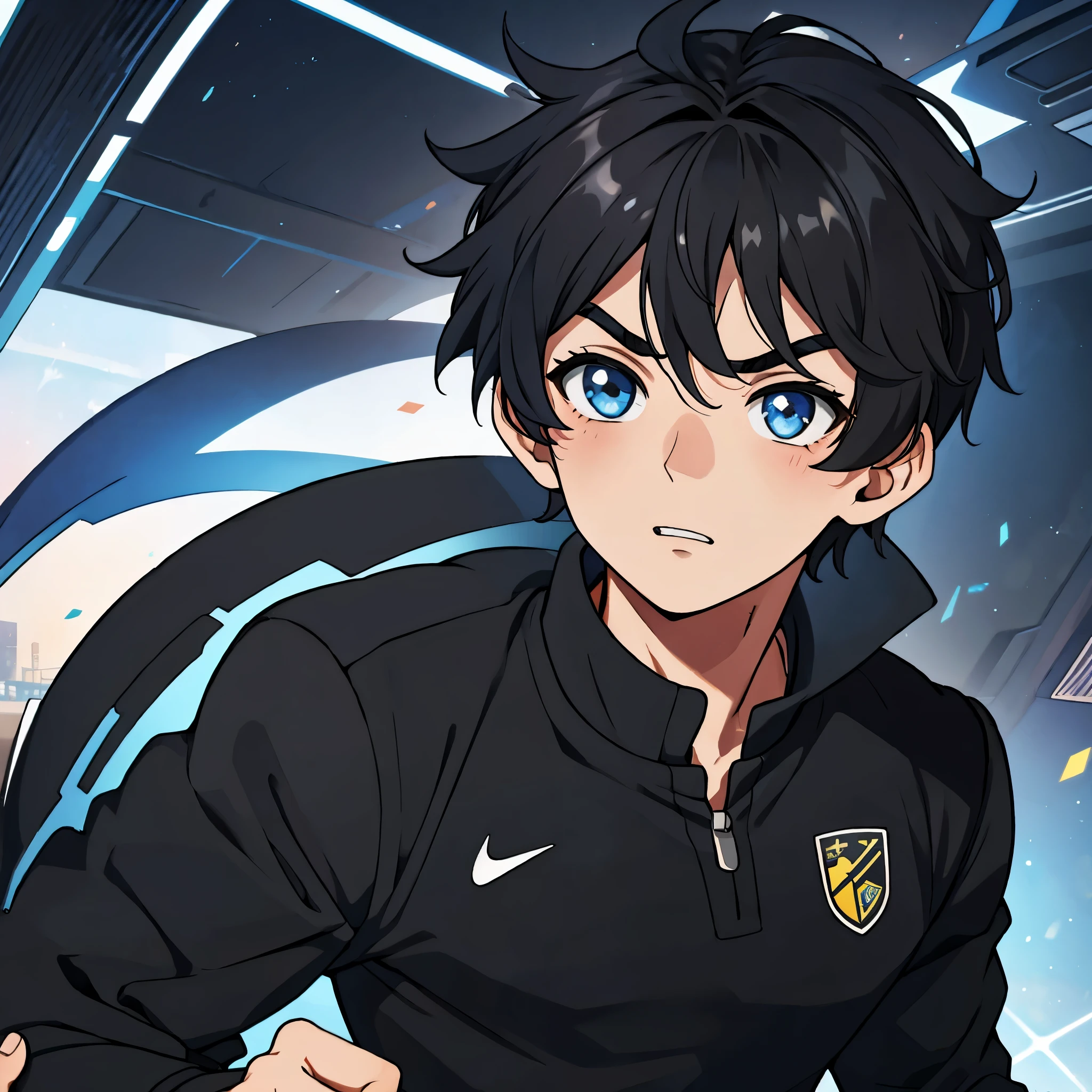 (1boy,masculino,(solo),black hair),soccer uniform , heterochromia 