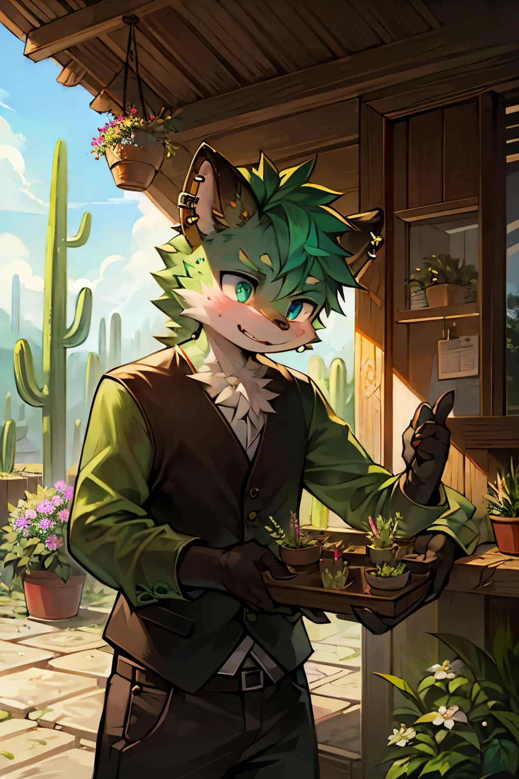 A stealthy green saguaro cactus porcupine hybridhide securely inside a vibrant blooming flower pot. Its spiky quills merging seamlessly with the intricately textured cactus, creating an illusion of camouflage. The porcupine's piercing eyes glint with mischief, observing its surroundings with heightened alertness. The pot's rich soil nurtures the unique blend of the cactus and porcupine, the porcupine's quills adorned with a verdant sheen. An intriguing juxtaposition of nature's diverse elements, this scene captures the essence of unexpected surprises in even