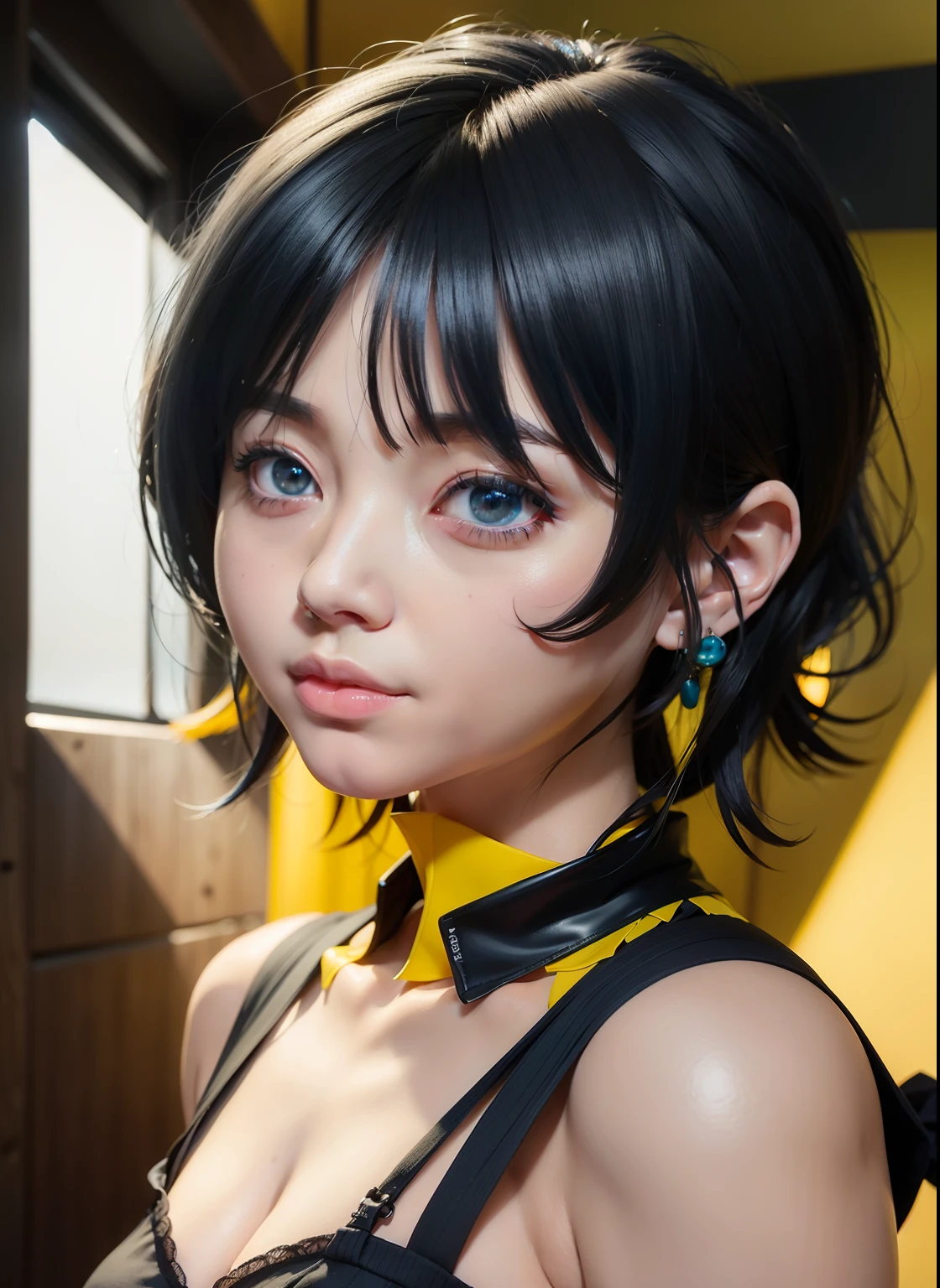 there is a woman with blue hair and a black dress, anime styled 3d, anime style. 8k, realistic anime 3 d style, photorealistic anime girl render, anime style 4 k, 3 d anime realistic, realistic anime artstyle, render of a cute 3d anime girl, anime realism style, anime styled digital art, made with anime painter studio