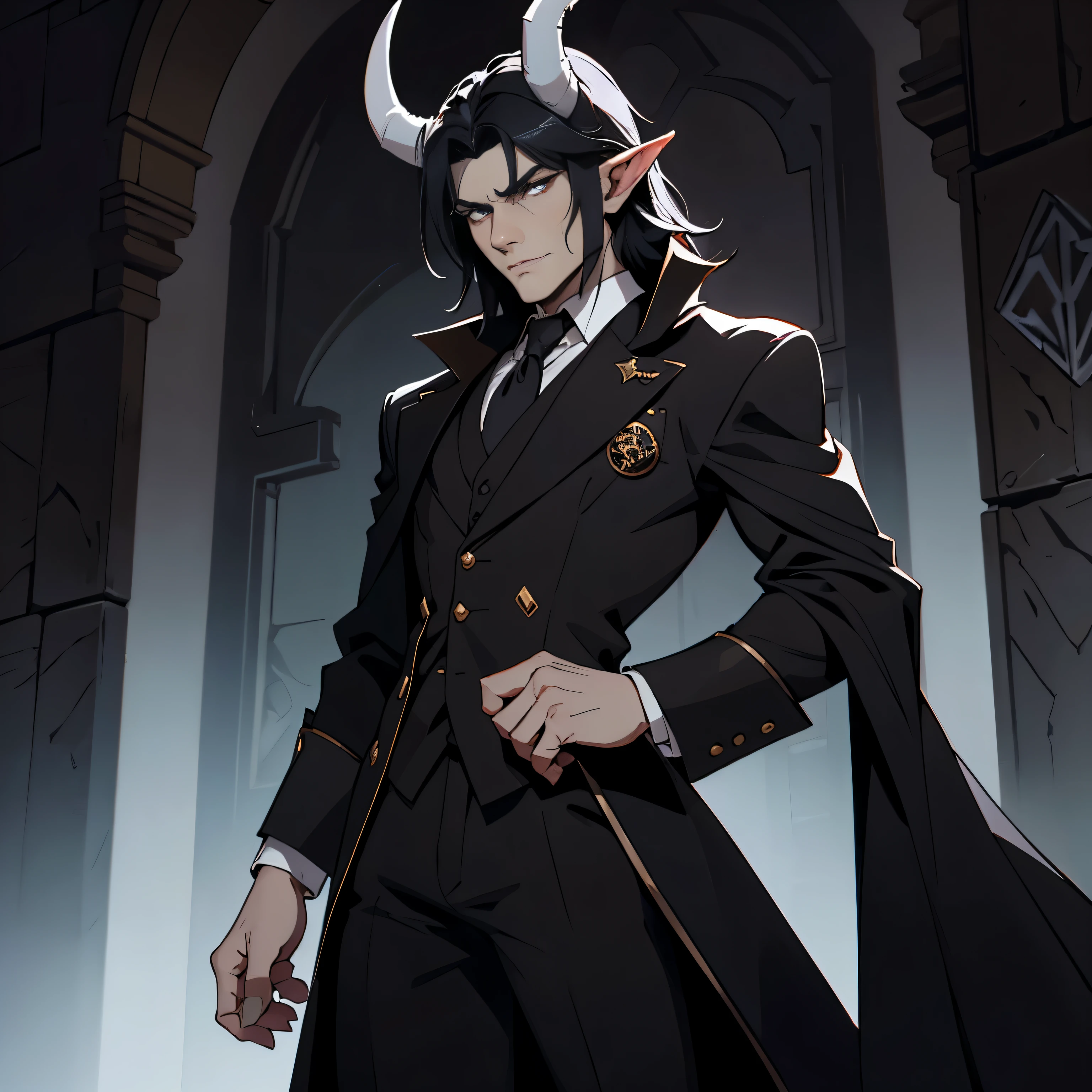 A white male teifling, horns, slim and strong in stature, a mane of shadow like black hair, wearing a dark fancy suit inbeded with sigils, with dark eyes, warlock