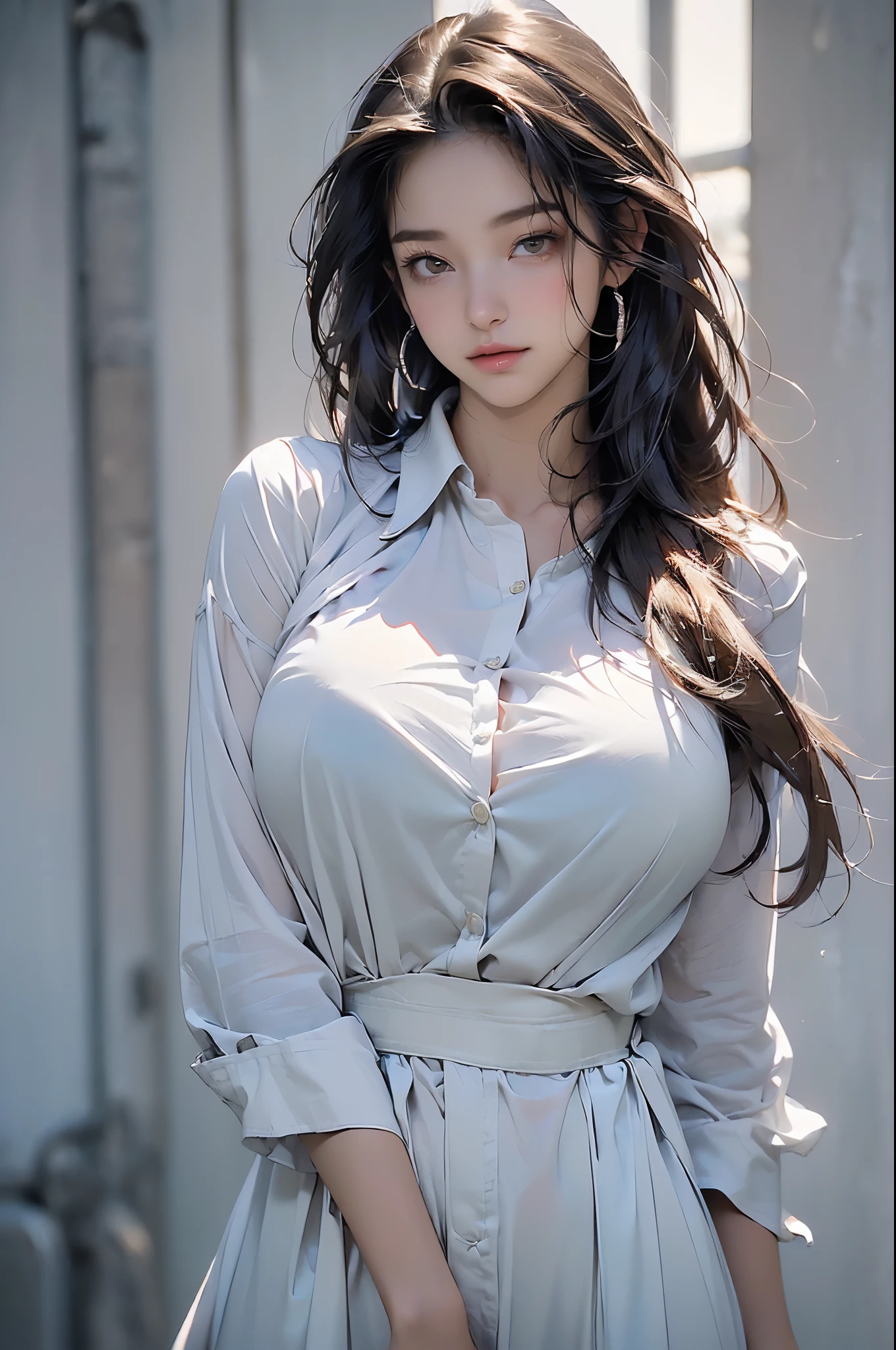 photorealistic, high resolution, 1 woman, solo, hips up, beautiful eyes, long hair, huge breast, bracelets,elegant necklace, elegant diamond earrings, Secretary uniform, white shirt, black skirt, black stockings
