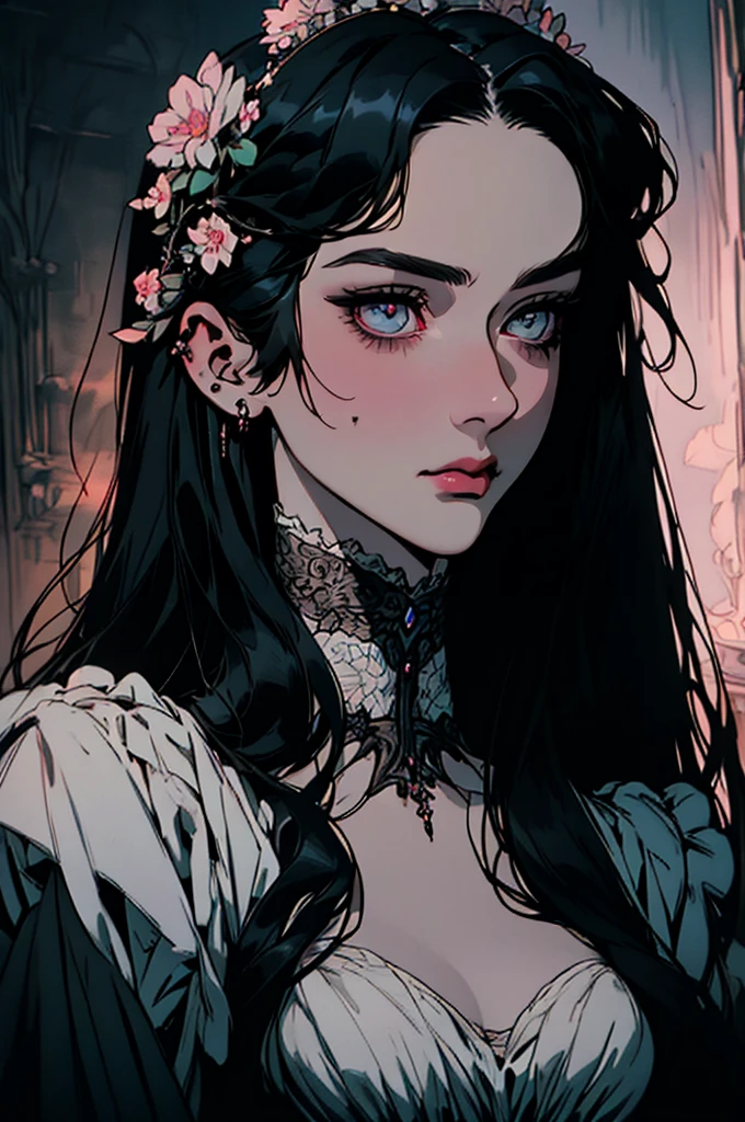 hyper-realistic of a mysterious woman with flowing black hair, piercing opal eyes, and a delicate floral crown, victorian dress, upper body