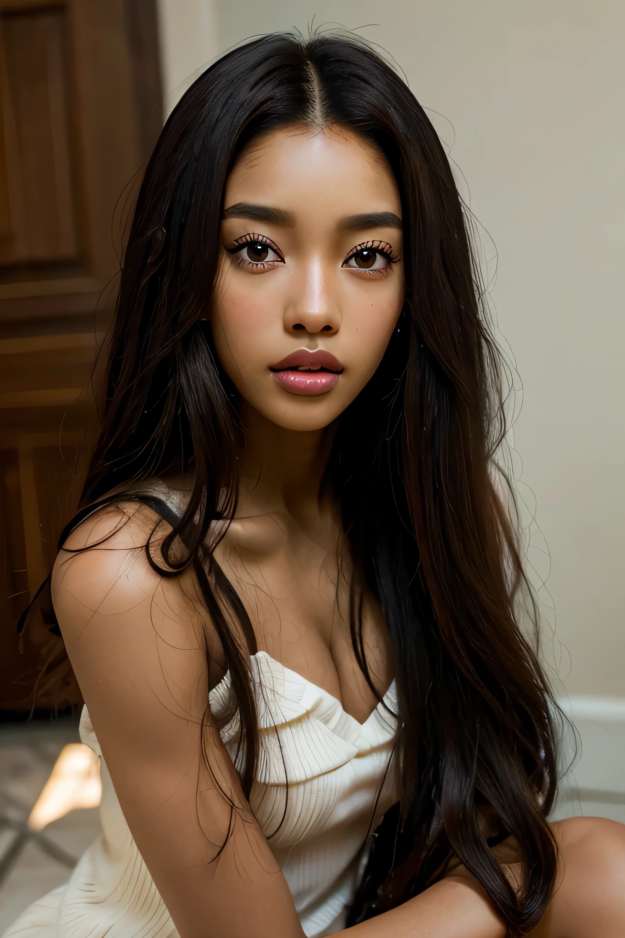 mature african girl, slightly smiling, Long straight hair, large full breasts, super big tits, Good lips, exposing breasts, naked body, (symmetrical breasts), (symmetry eyes), (Perfectly symmetrical body)