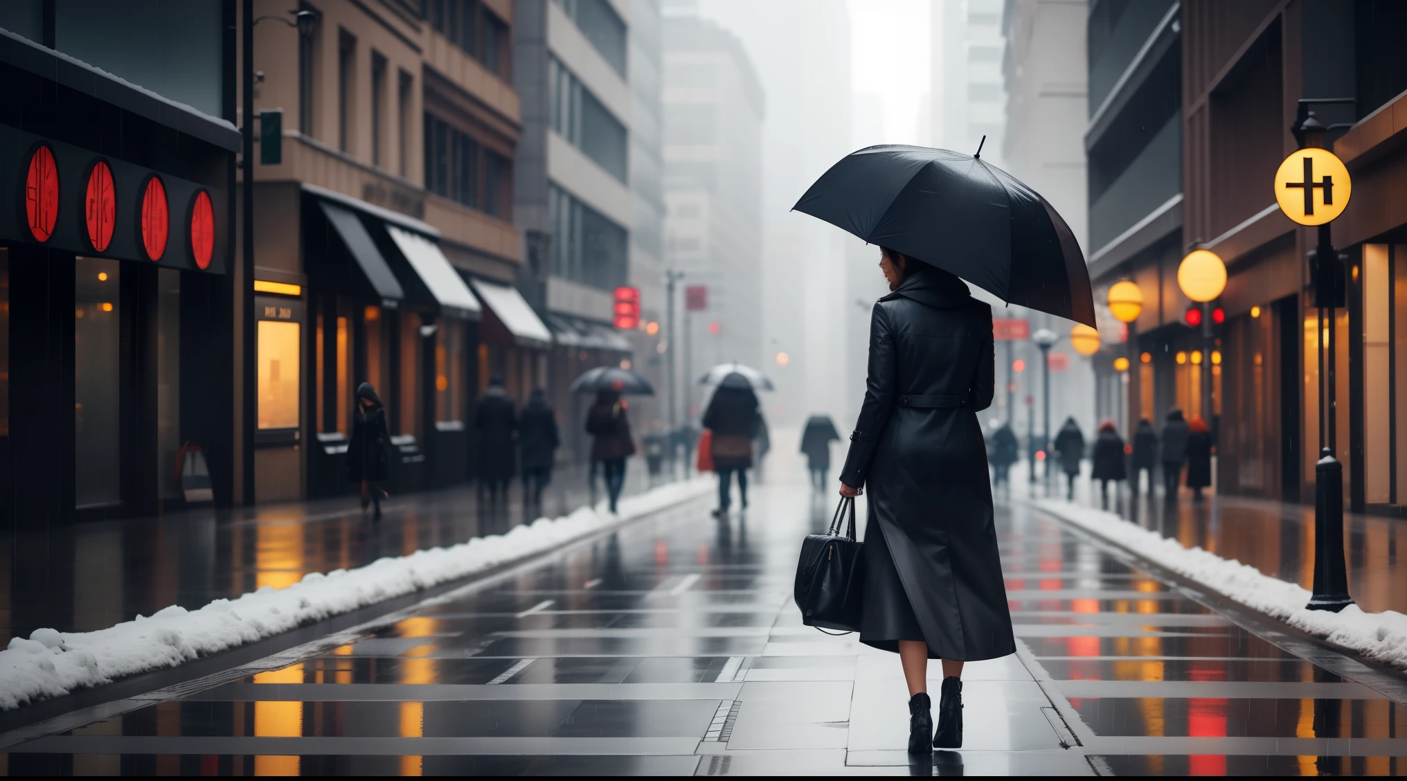 Beautiful stylishly dressed woman walking sideways in coat against winter rainy city background