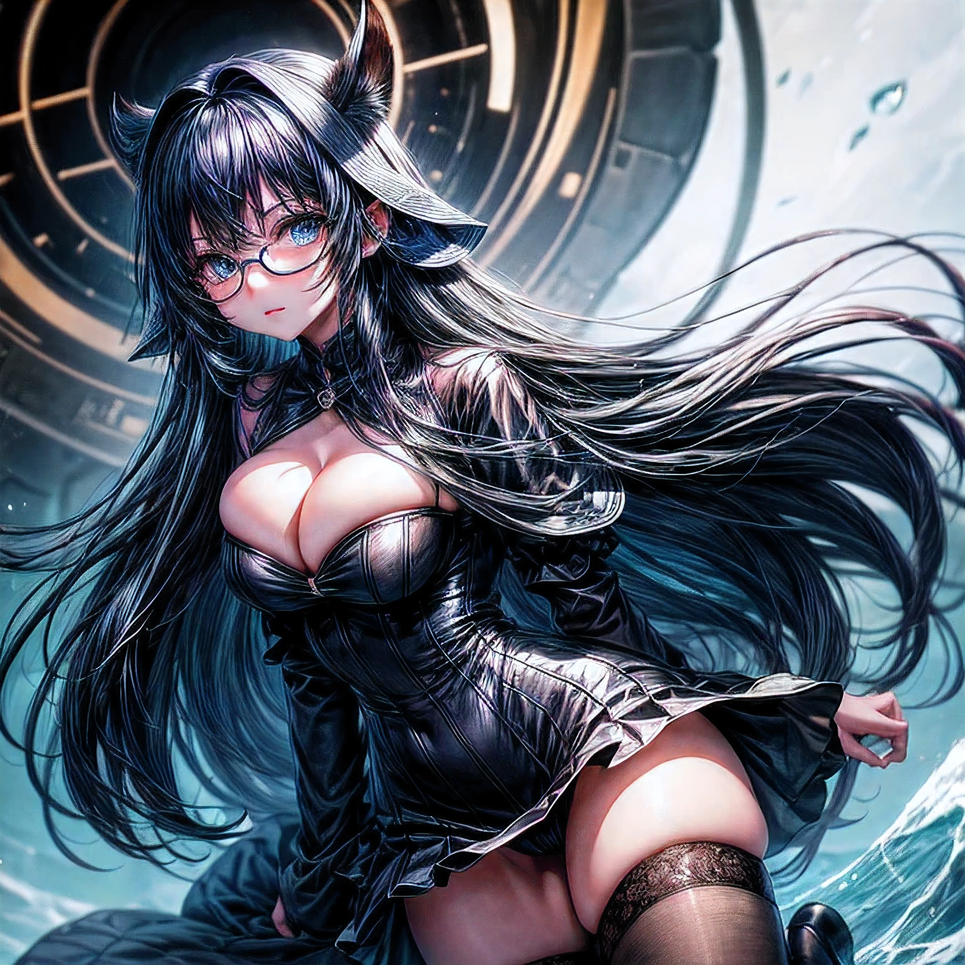 (Obra maestra), (Mejor calidad), (ultra detallado) chica anime, Cabello largo y negro con degradado azul en el cabello., brillo azul oscuro en el cabello, Ojos azules brillantes, Serious facial expression, anteojos, vestido ajustado de uniforme de oficina, tacones negros, fondo de la oficina de la empresa.