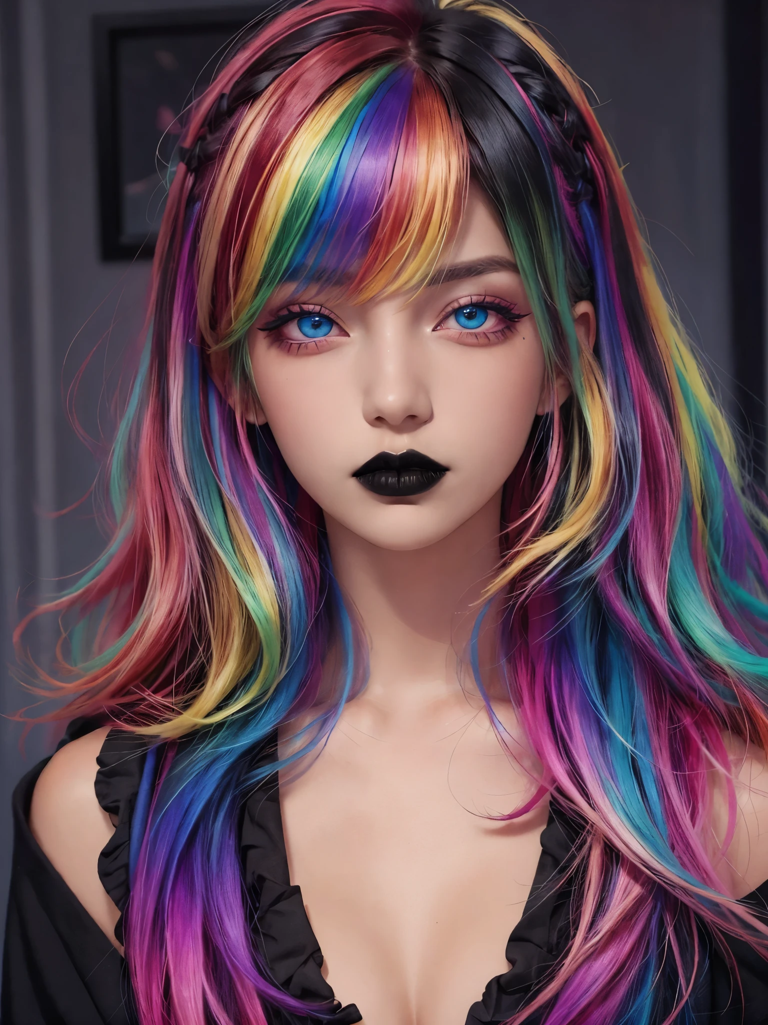 1girl, solo, goth ,short messy hair with long sides, short hair, black lips, eyeshadow, mascara, color: spectrum, vivid colors, rainbow hair , bright rainbow hair, perfect eyes, detailed eyes, medium breasts, indoors  , highly detailed portrait, full body shot