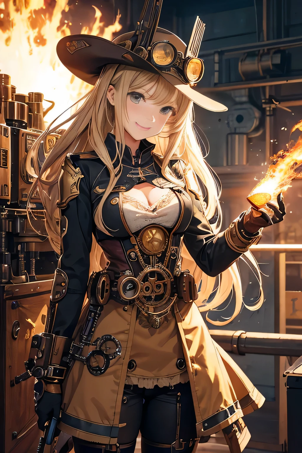 (comic book style),(line drawing_anime),(cowboy shot, highest quality, ),(Laura Budd Photo:1.2),(Laura Add Details:1.0),8k, flat color:0.8,1 girl,smile、(Highly decorative and complex mechanical steampunk fashion, lace flare dolphin hat、goggles 1.5、machinery background、Gear background、Complex mechanized steampunk factory catches fire、explosion、1.3),