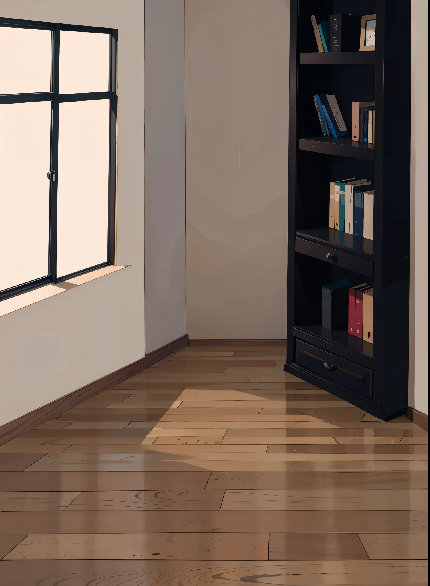 there is a room with a bookshelf and a window, personal room Fondo, Small room, library Fondo, plano minimalista, living room Fondo, interior of a Small room, bedroom Fondo, random Fondo scene, interior Fondo art, a room interior, small library, Fondo(solid), Empty room, detailed landscape —width 672, office Fondo