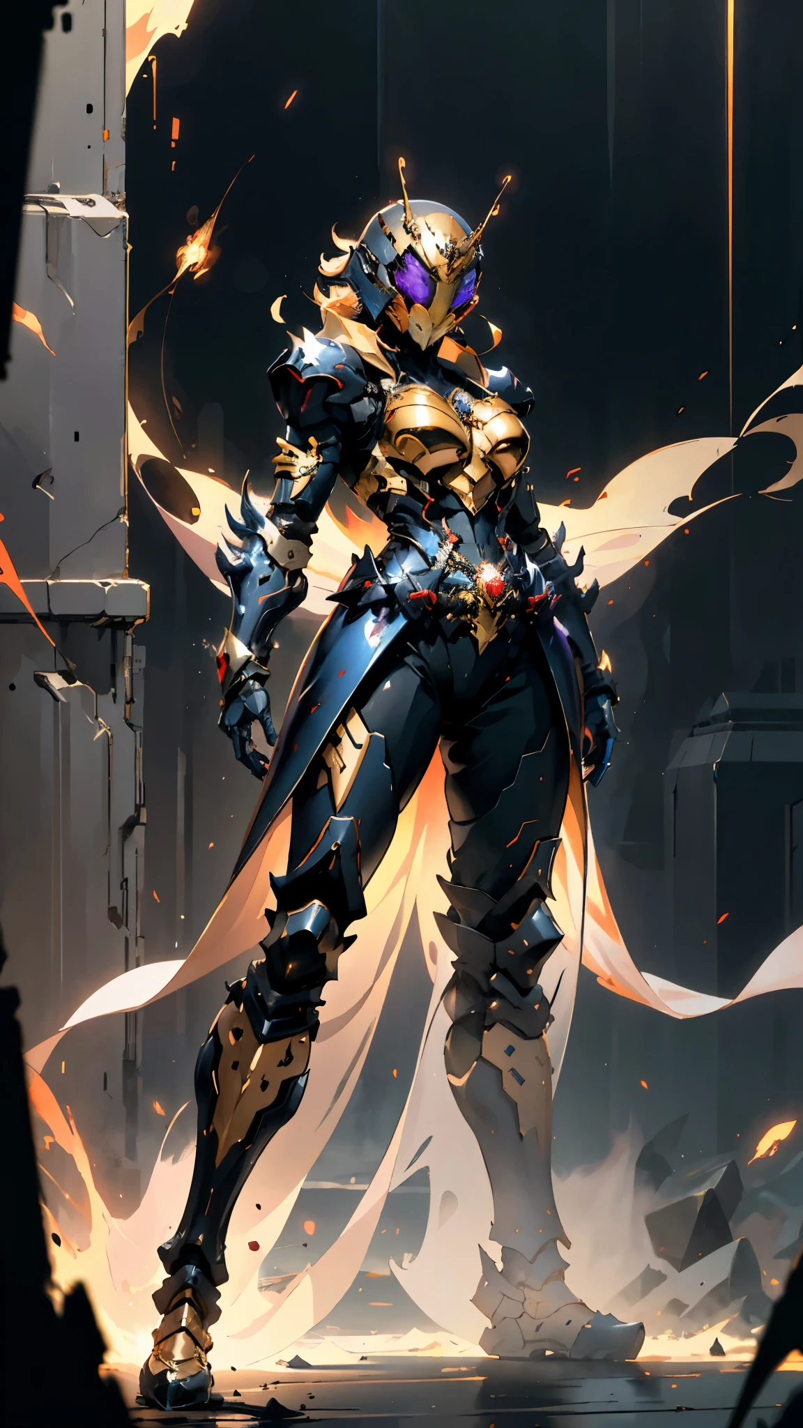 A woman adorned in fantasy-style full-body armor, a crown-concept fully enclosed helmet that unveils only her eyes, a composite layered chest plate, fully encompassing shoulder and hand guards, a lightweight waist armor, form-fitting shin guards, the overall design is heavy-duty yet flexible, ((the armor gleams with a golden glow, complemented by red and blue accents)), exhibiting a noble aura, she floats above a fantasy-surreal high-tech city, this character embodies a finely crafted fantasy-surreal style armored hero in anime style, exquisite and mature manga art style, (mixture of Queen bee and Spider concept Armor, plasma, blood), ((Element, energy, elegant, goddess, femminine:1.5)), metallic, high definition, best quality, highres, ultra-detailed, ultra-fine painting, extremely delicate, professional, anatomically correct, symmetrical face, extremely detailed eyes and face, high quality eyes, creativity, RAW photo, UHD, 32k, Natural light, cinematic lighting, masterpiece-anatomy-perfect, masterpiece:1.5