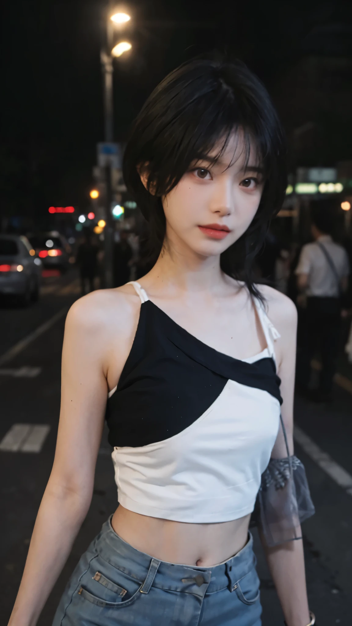 best quality, ultra high resolution, (realistically:1.4),2 girls ,focus:1.2, Beautiful woman with perfect body:1.4 , red short hair,(street at night:1.3), Highly detailed facial and skin textures, Looking directly at the viewer,delicate eyes, double eyelids,red lips,eye shadow,whiten skin,(air bangs:1.3),,(White thin strappy top:1.4)