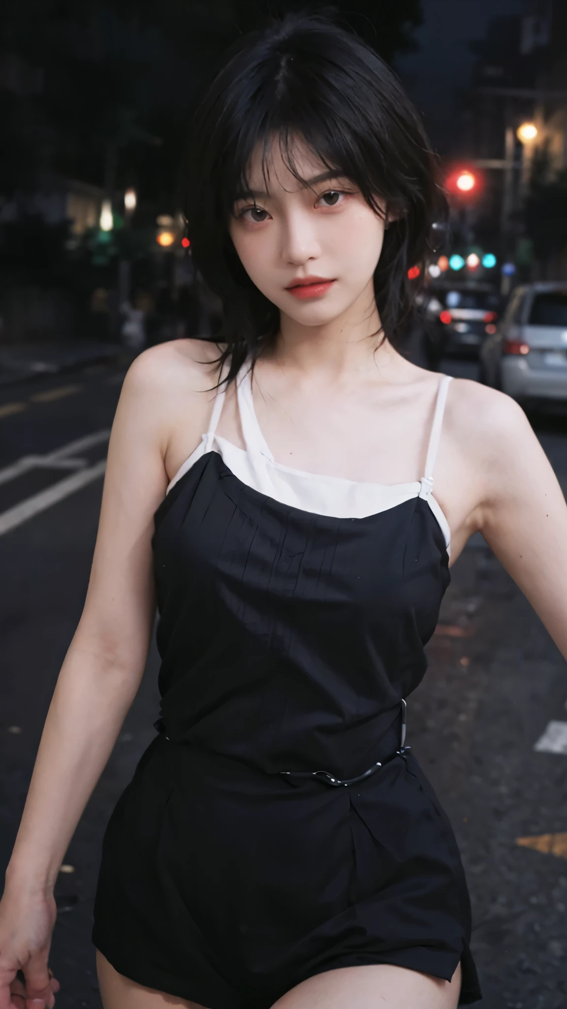 best quality, ultra high resolution, (realistically:1.4),2 girls ,focus:1.2, Beautiful woman with perfect body:1.4 , red short hair,(street at night:1.3), Highly detailed facial and skin textures, Looking directly at the viewer,delicate eyes, double eyelids,red lips,eye shadow,whiten skin,(air bangs:1.3),,(White thin strappy top:1.4)