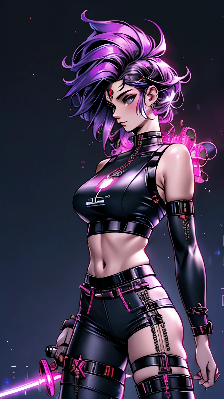 a futurista female warrior holding a katana, (pele finamente detalhada), pale skin, (in a deep neckline highly detailed sexy futurista cyberpunk black crop top and underpants made of circuit boards, palavras japonesas com efeito de reflexo, beautiful epic composition, futurista, obra de arte, atraente, posando para uma foto