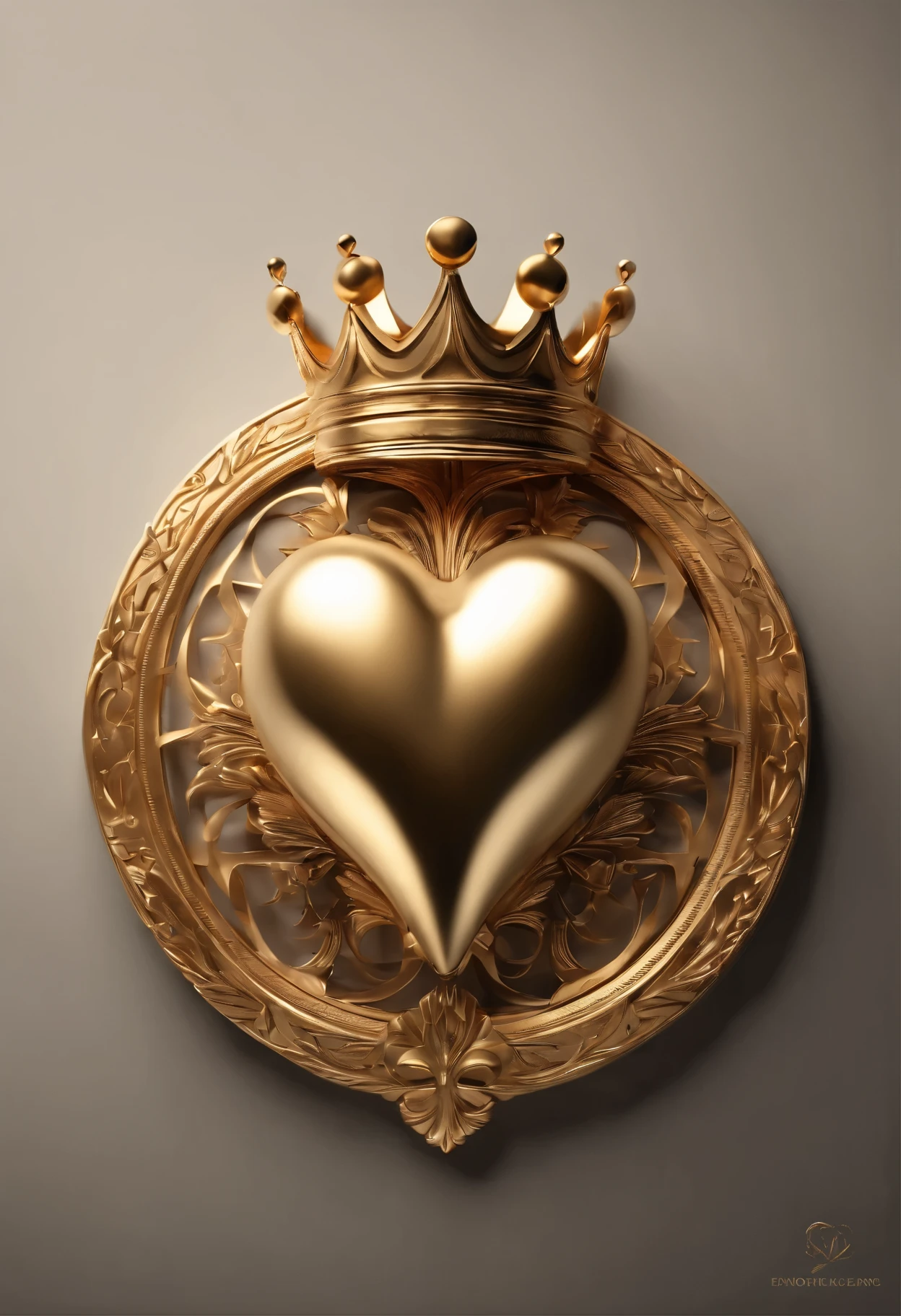 Crie um logotipo de arte digital realista que exala beleza, sophistication, e luxo. The logo should prominently feature an intricately detailed golden heart to symbolize charm and elegance crowned with a gold crown creating a harmony with the heart. This work of art must exclusively use various shades of gold to convey a sense of refinement and extravagance.. O logotipo final deve ser uma obra de arte, capture the essence of love and power, of high standards and the emotional connection associated with it