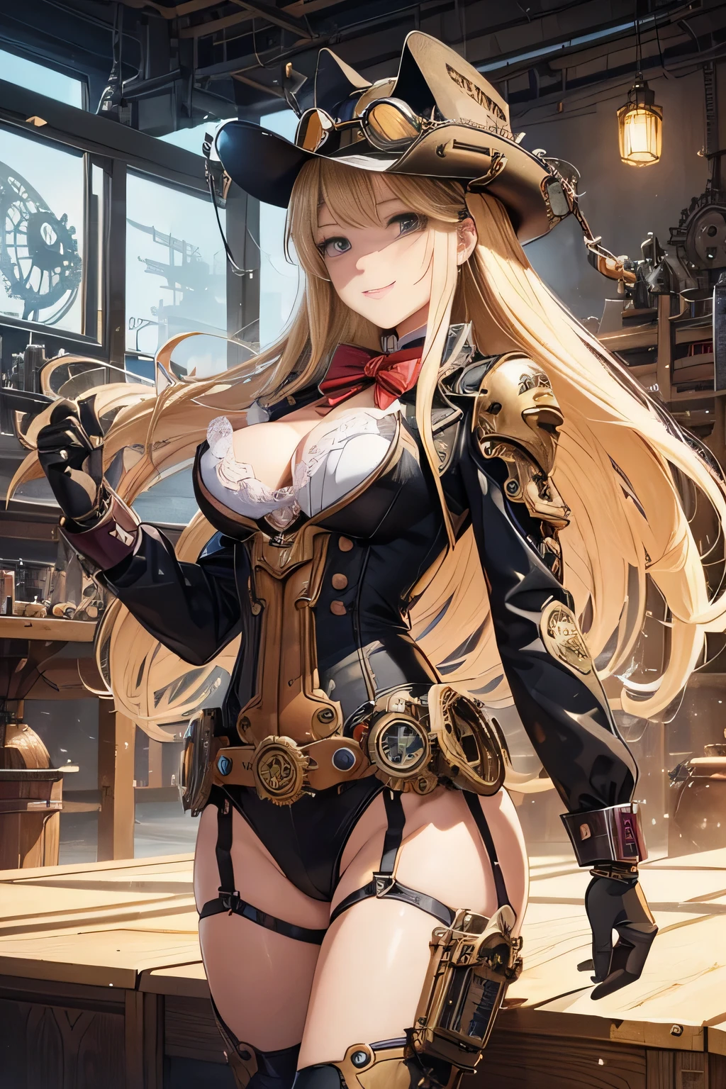 (comic book style),(line drawing_anime),(cowboy shot, highest quality, ),(Laura Budd Photo:1.2),(Laura Add Details:1.0),8k, flat color:0.8,1 girl,smile、(Highly decorative and complex mechanical steampunk fashion, lace flare dolphin hat、goggles 1.5、machinery background、Gear background、complex mechanized steampunk factory、1.5),
