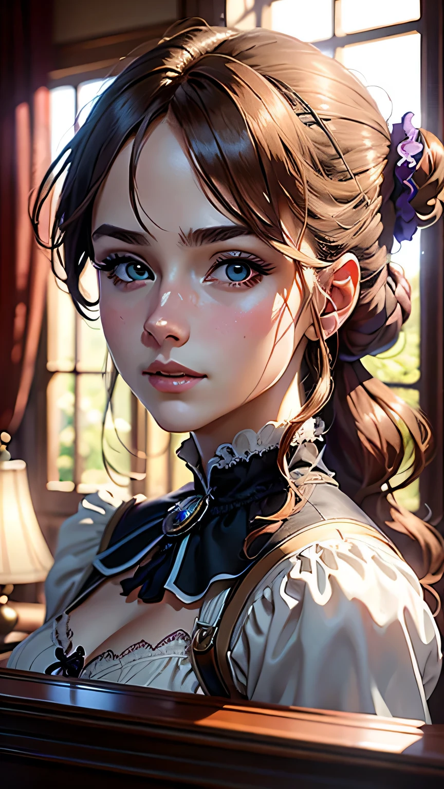 masterpiece, Highest quality, (8K wallpapers incorporating highly detailed CG), (Highest quality), (Best illustrations), (Best Shadow), (Stable Diffusion Model), Violet Evergarden, Sparkling, beautiful, victorian style bedroom, Dynamic Lighting, Written boundary depth、((Upper body portrait))、Upper body portrait