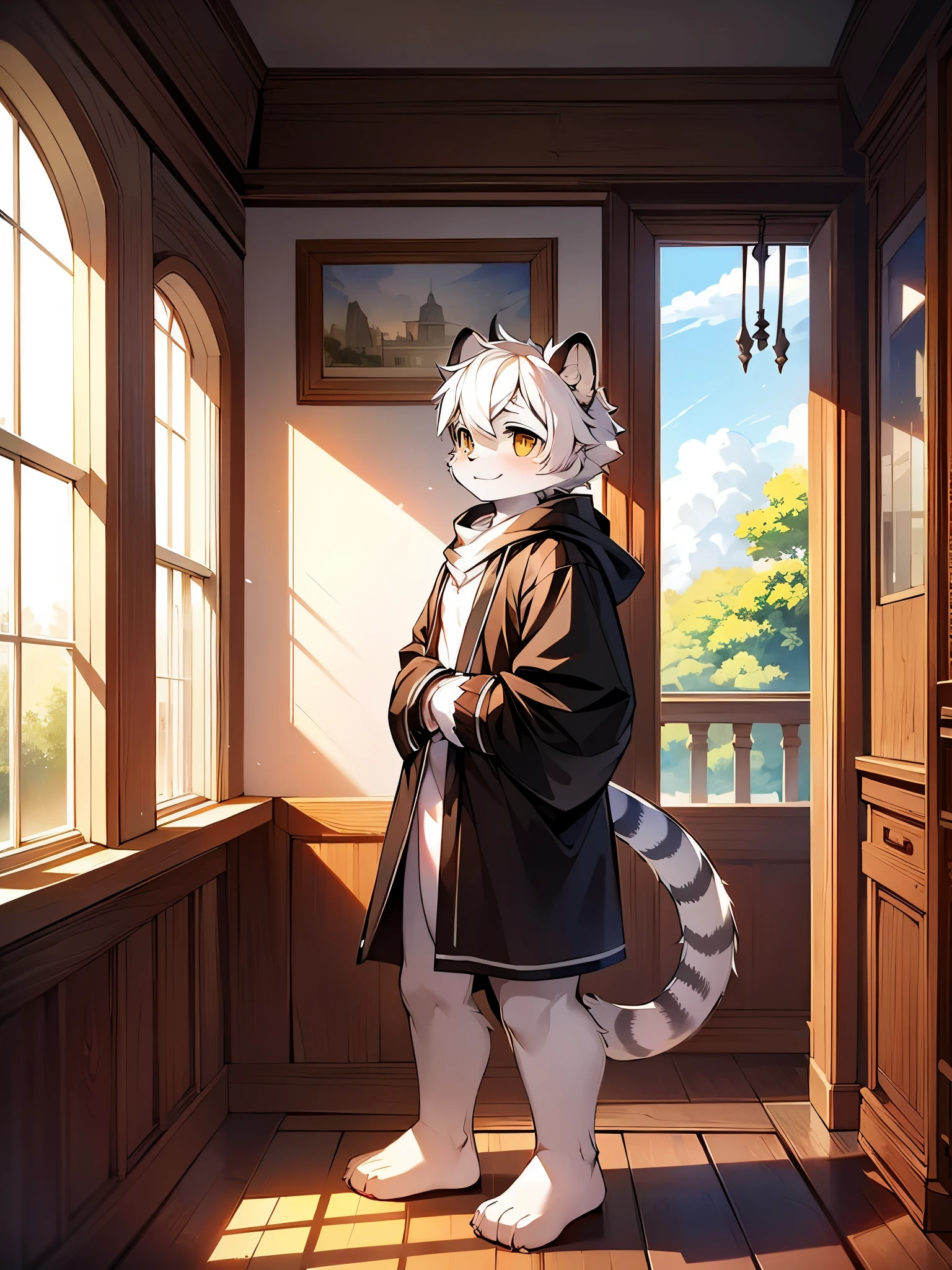 Tiger, , solo, cute, big golden eyes, black and white hair, smile, blush on face, muscular, half naked, white thong, in bedroom, standing on the ground, sunny at noon, reflecting light, windows, blue sky and white clouds, fine body portrayal, correct hand portrayal, accurate details, Rembrandt light and shadow, 4K ultra clear