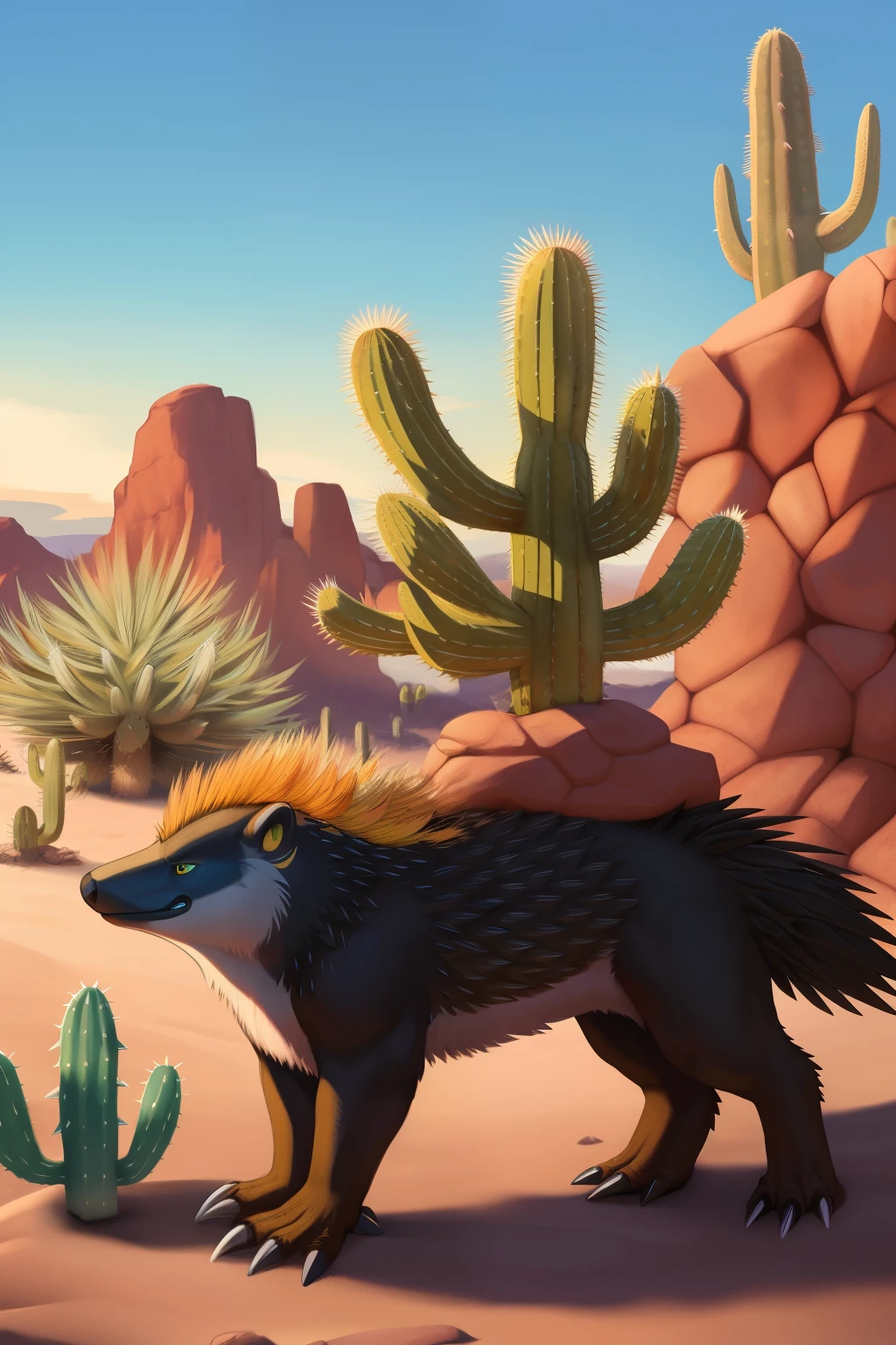 A unique and intriguing creature takes center stage in this captivating image. This hybrid being is a green saguaro cactus porcupine, a fusion of the desert's iconic cactus and the spiky porcupine. The creature's back is adorned with miniature saguaro cacti, their branches reaching up, adding depth and texture to the hybrid's appearance. A spherical cactus forms its tail, finishing the cactus-themed body.
Cactus spikes blanket the creature, from quills on its back to its quill-lined quills. Every inch of this enigmatic being is covered in intricately detailed
