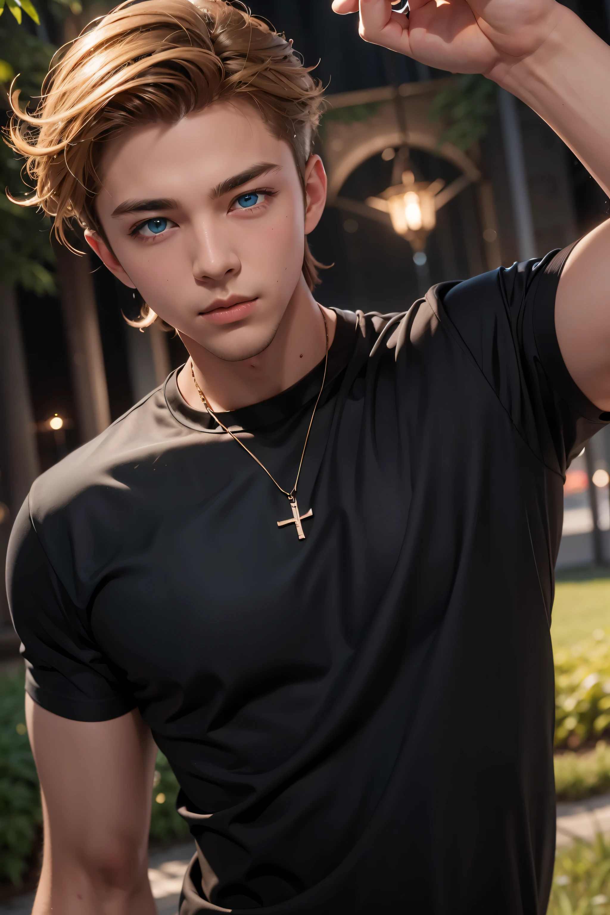 photo of a stunningly handsome thin man 20 years old, Blue eyes, short curly hair, blonde hair, full height, in a black shirt, Photorealistic, Best quality, detailed, 8K, HDR, cinematic lighting, sharp focus, short hair, looks at the camera, happy, On a green background