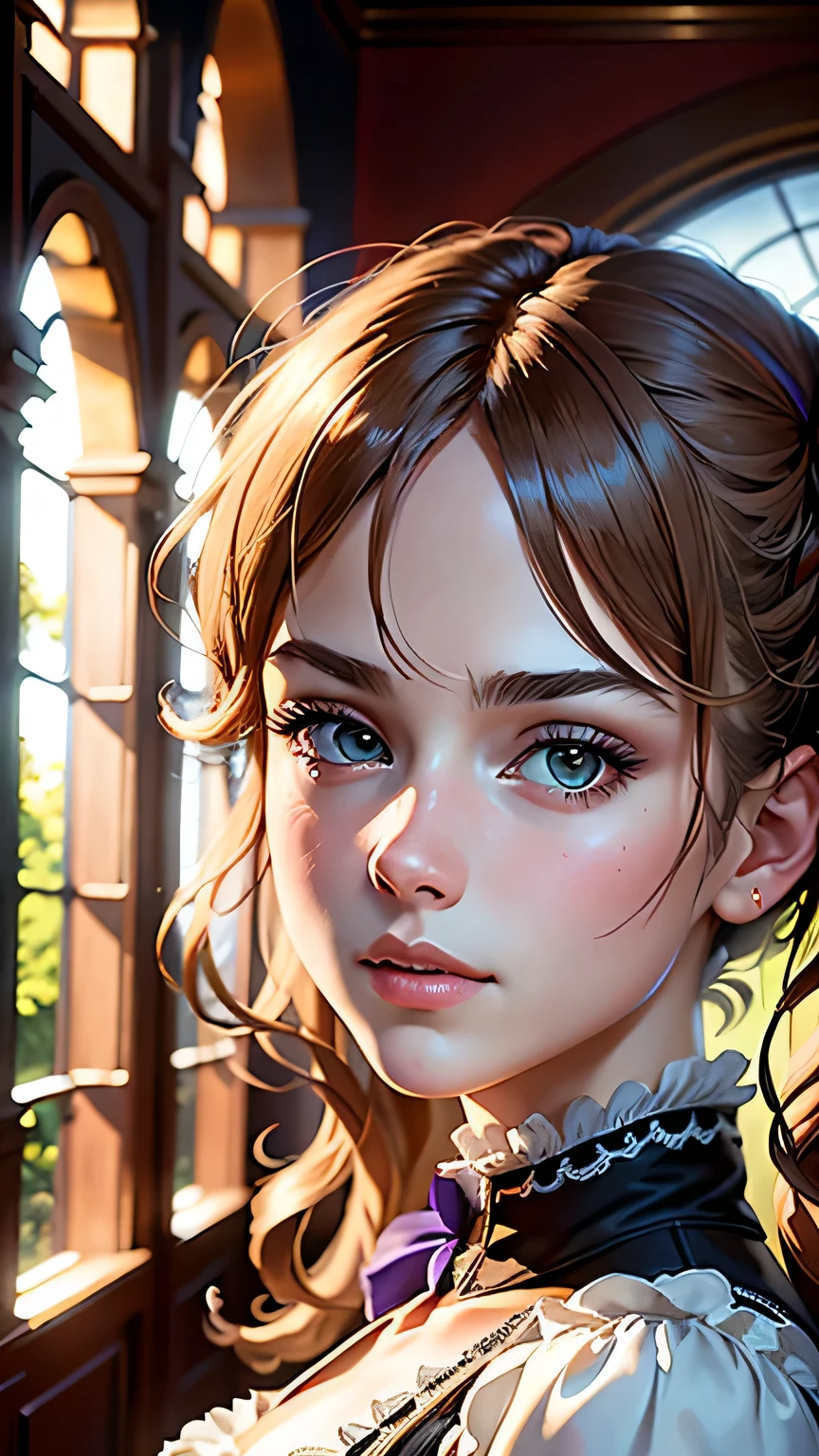 masterpiece, highest quality, (8K wallpaper that integrates high-definition CG), (highest quality), (Best Illustration), (best shadow), (Stable diffusion model), violet evergarden, Sparkling, beautiful, victorian style bedroom, dynamic lighting, written boundary depth、((close up of face))