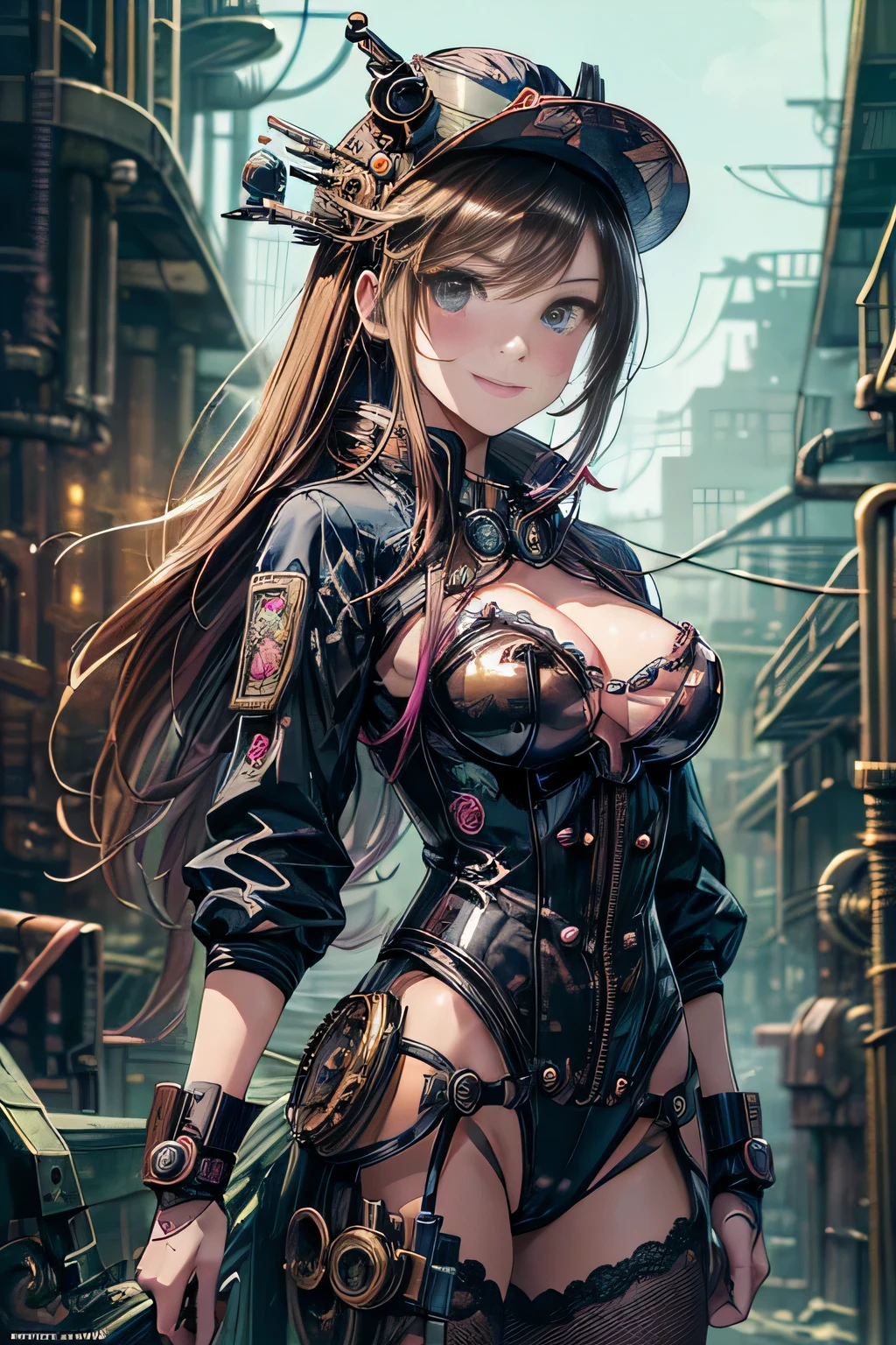 (comic book style),(line drawing_anime),(cowboy shot, highest quality, ),(Laura Budd Photo:1.2),(Laura Add Details:1.0),8k, flat color:0.8,1 girl,smile、(Highly decorative and complex mechanical steampunk fashion, lace flare dolphin hat、goggles 1.5、machinery background、Gear background、complex mechanized steampunk factory、1.5),