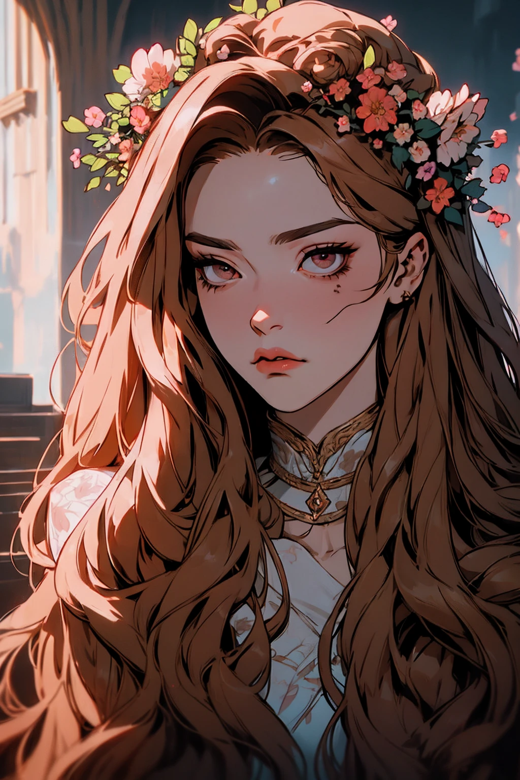 hyper-realistic of a mysterious woman with flowing brown hair, piercing brownl eyes, and a delicate floral crown, , upper body