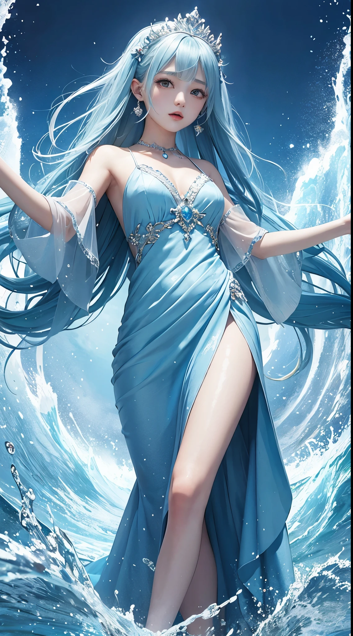 Woman in light blue dress walking to the sea, Long Pink Gloves, Elegant, closeup fantasy with water magic,((vague)), Beautiful maiden, wearing a dress made of water, cleavage, Look at viewers、Watch from below、realistic oil painting, Dripping wet, in water ...