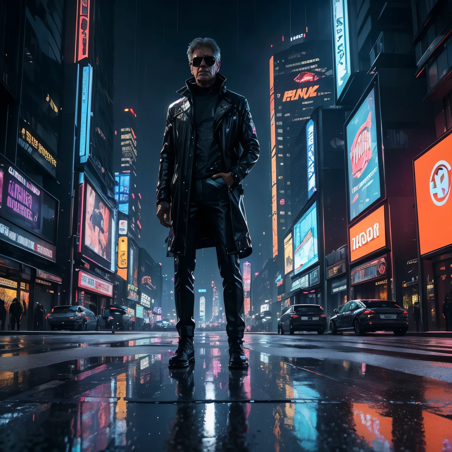 (Best quality: 8k), ultra-detailed, (realistic, photorealistic, photo-realistic: 1.37), Harrison Ford, cyberpunk street, immersed in large screens displaying a kaleidoscope of digital information and pulsating neon lights, urban atmosphere with a thicket of towering buildings and intricate architectural designs, futuristic cityscape wrapped in a dark and gritty mood, rain-soaked pavement glistening with reflections, intricate architectural details casting long shadows, futuristic fashion with passengers donning high-tech gadgets and accessories, holographic advertisements casting surreal holographic images,