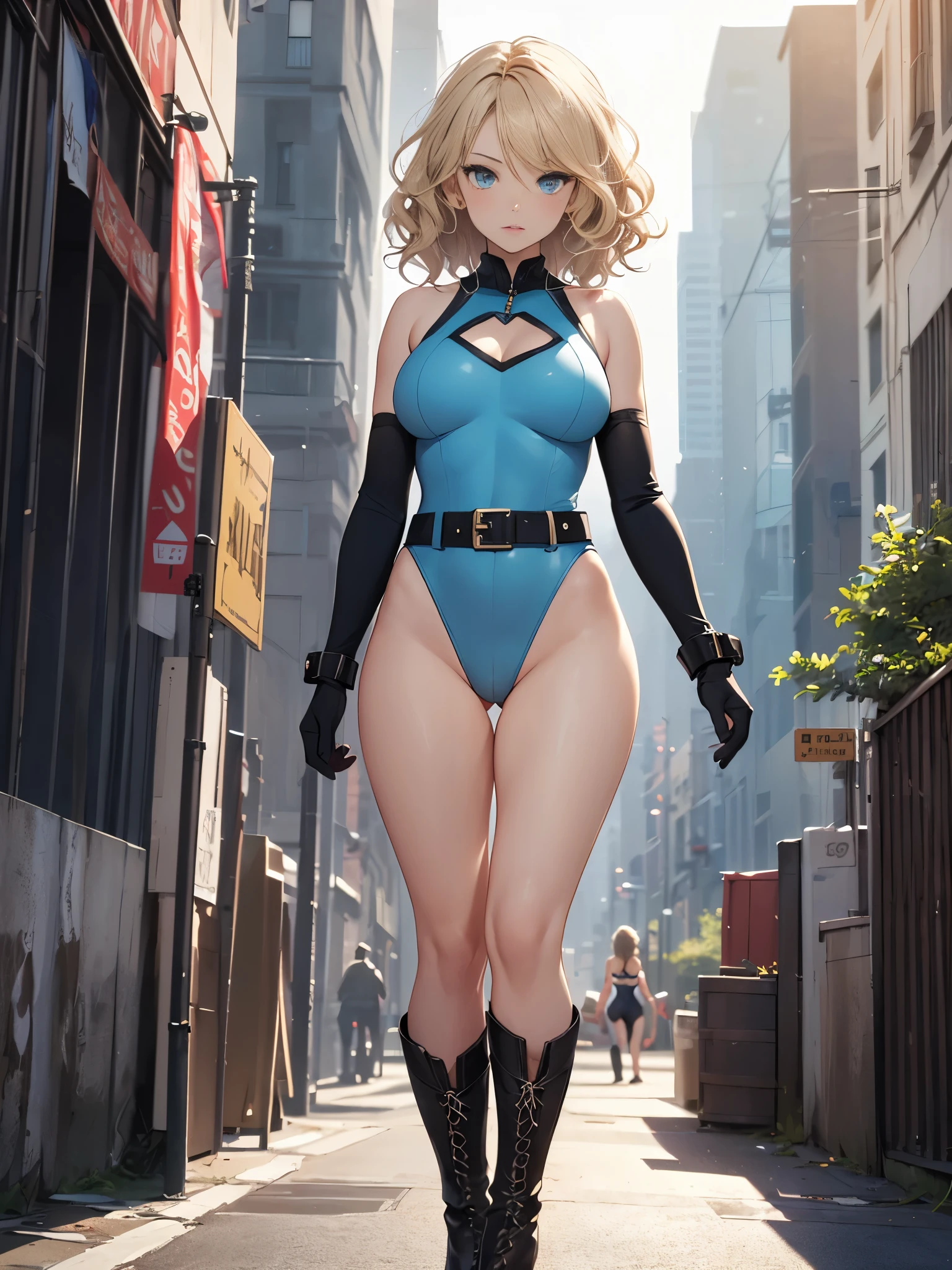 1girl, medium breasts, ((leotard, highleg leotard, light blue leotard)), (lighting bolt emblem on chest), bare legs, (tight belt), boots, matching boots, gloves, city backdrop, solo, single, standing, rear view, full body shot, cowboy shot, superhero, beautiful detailed eyes, power, ((blonde hair, short hair, wavy hair)), high school backdrop, outdoors, mature lady, teacher, perfect body, good proportions