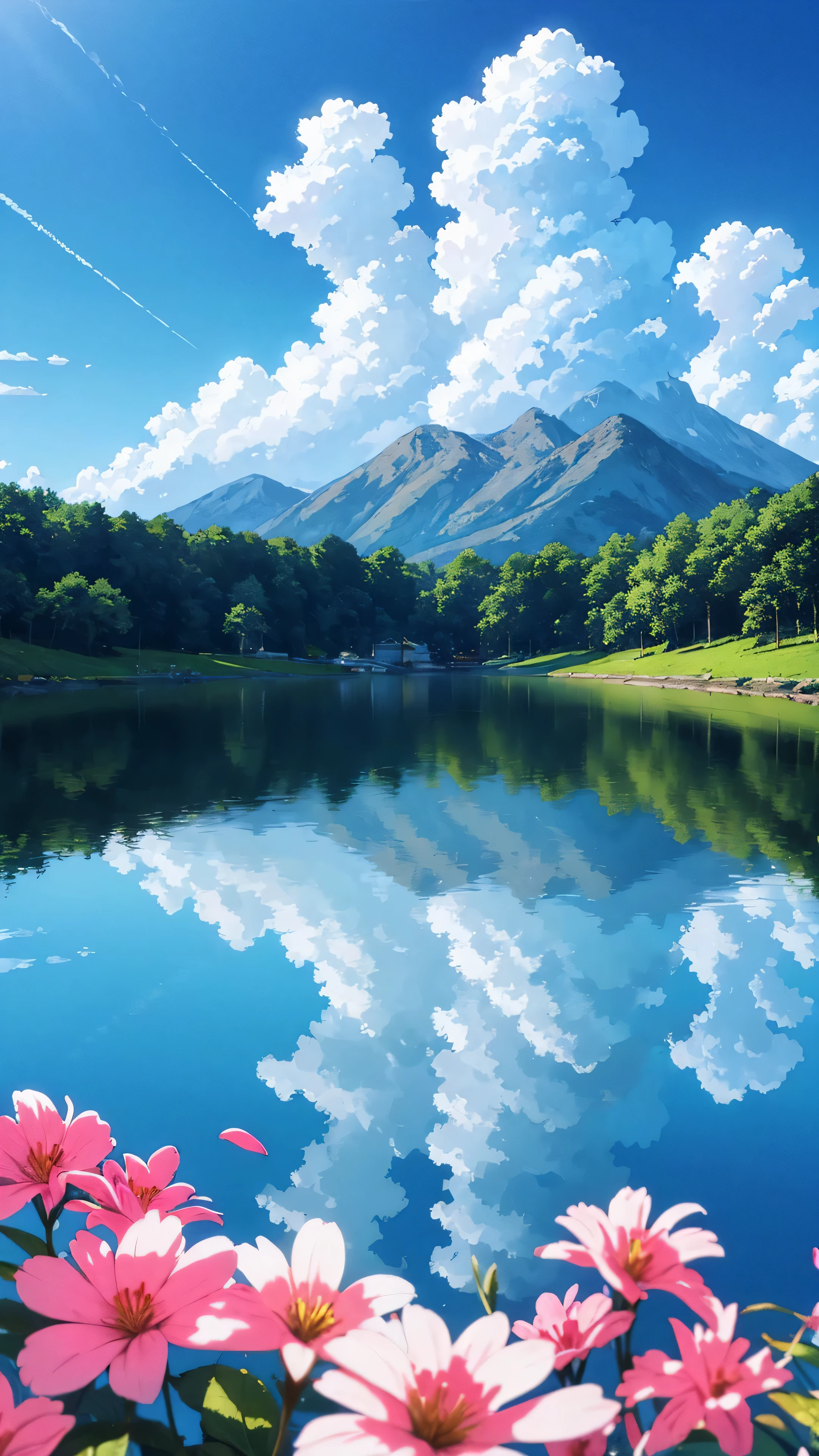 obra de arte, Summer scene, algumas pequenas flores coloridas em prados, paradisiacal view, big white fluffy clouds against a bright blue sky, the climate is warm and vibrant, Detalhes HD com marca d'wet water, Ultra-detailed and cinematic, surrealismo infundido, Macio, inviting light cast focus on deep field bokeh, ray tracing techniques revealing the intricacies of each petal, and a general sense of serene beauty in the air9:Ratio of 16.