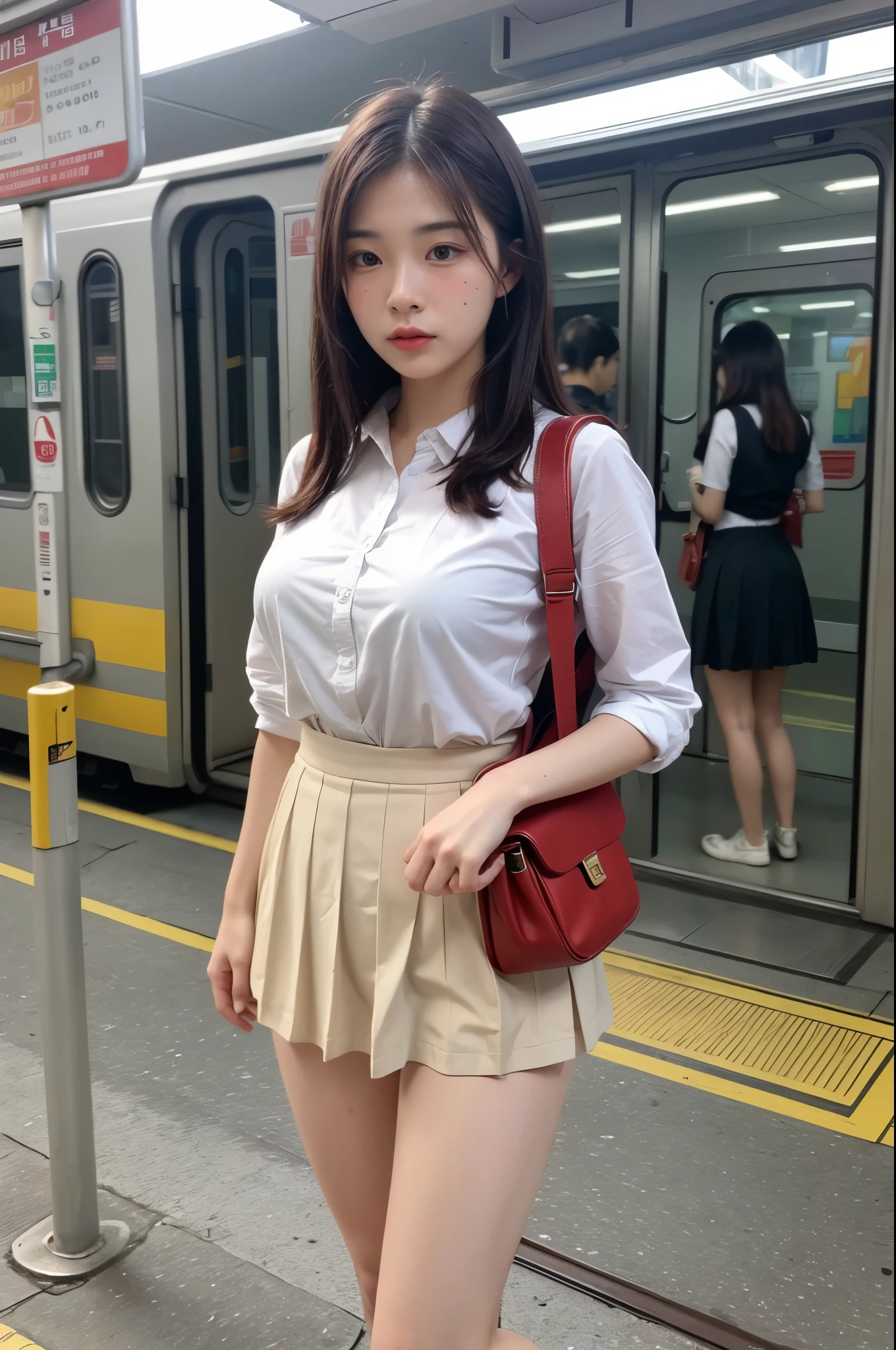 ((1 Korean girl)), ethereal beautiful, beautiful girl,slim, real skin tone, soft light, close up picture, masterpiece, best quality, photo-realistic, high resolution, detailed skin, 8k uhd, dslr, soft lighting, high quality, film grain, Sony A7S, full body, sexy student uniform, ((in the train station platform)), ((dynamic pose)), soft hairy pussy, red backpack