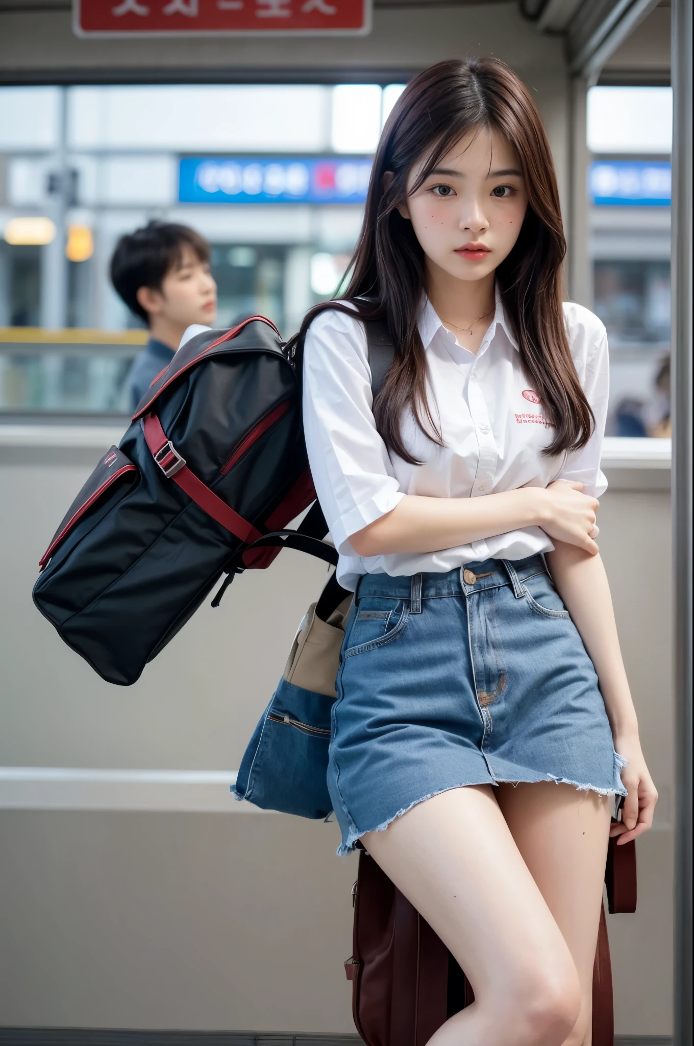 ((1 Korean girl)), ethereal beautiful, beautiful girl,slim, real skin tone, soft light, close up picture, masterpiece, best quality, photo-realistic, high resolution, detailed skin, 8k uhd, dslr, soft lighting, high quality, film grain, Sony A7S, full body, sexy student uniform, ((in the train station platform)), ((dynamic pose)), soft hairy pussy, red backpack