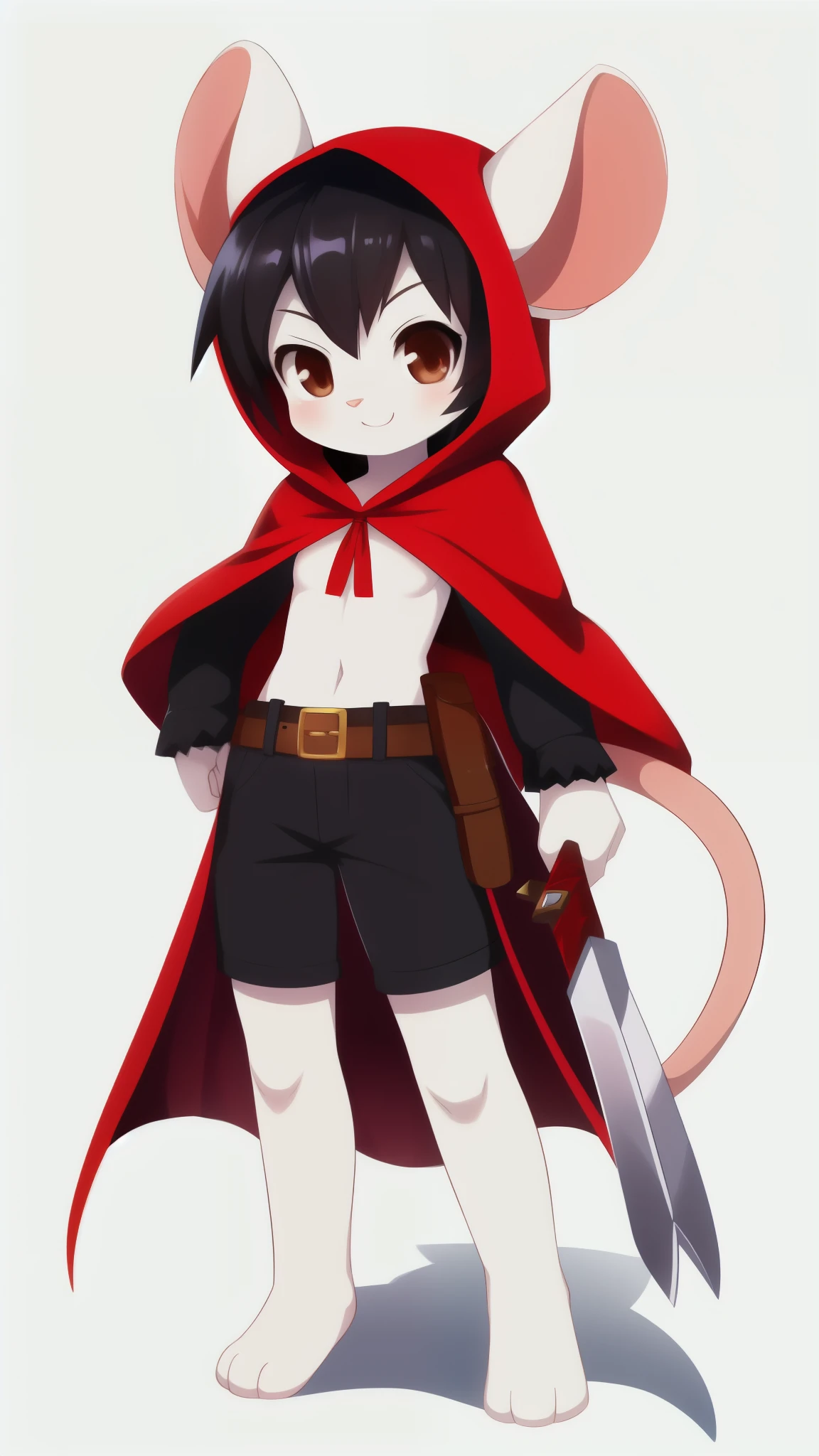 furry girl, mouse, black hair, punk hairstyle, anime style, small breasts, brown eyes, ((red cloak with hood, belt)), high quality, detailed body, detailed eyes, detailed face, masterpiece, glistening body, detailed body fur, best quality, White body fur, perfect lighting, perfect shadows, perfect eyes, perfect hair, perfect face, gorgeous body, :3, holding a sword, full body, feets whit three toes, simple background, white background, solo,