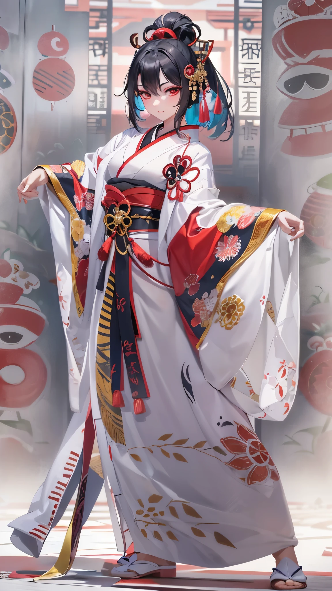 low-angela, ((dance style)) (solo:1.3 Kabuki dancer, black hair long oiran hair, cute femdom girl, yo, bigboobs:1.3, red eyes), ((kabuki makeup face)), (in a immensely kabuki uniform) is kabuki dancing (in the Hakataza Theater), break, perfect anatomy, masterpiece:1.2, best quality, 8k, beautiful detailed grow, daydreaming expression.