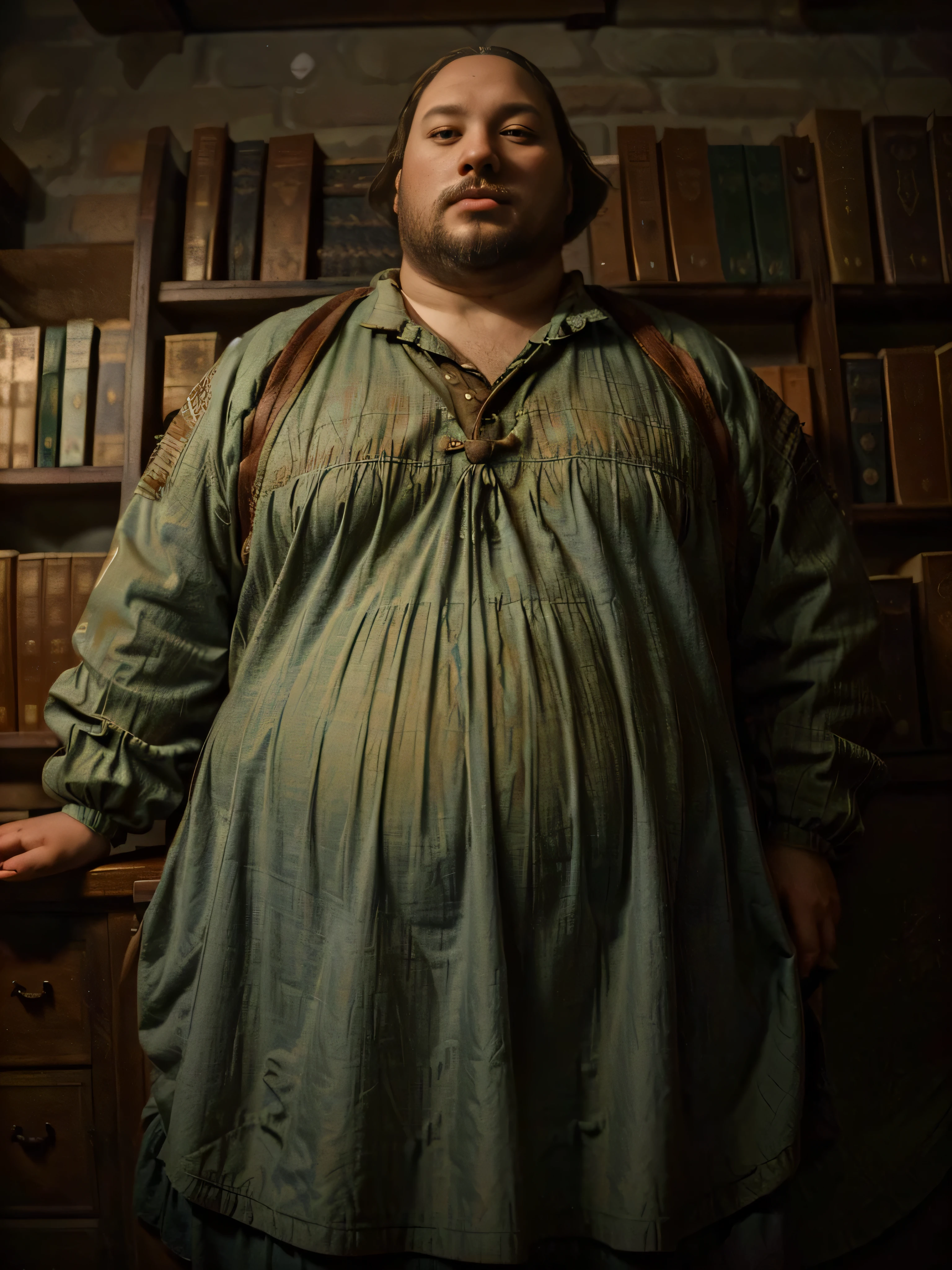 1555, massachusetts mountain village. Pre-raphaelite ((((45-year-old)) extremely fat, 500 pounds William Shakespeare)), in a library, walls filled with old books, perfect hands ((((casual Clothing from the 1550s)))) ((Hairstyle of the 1550s)), ((Wes Anderson cinematic style)), colorful.